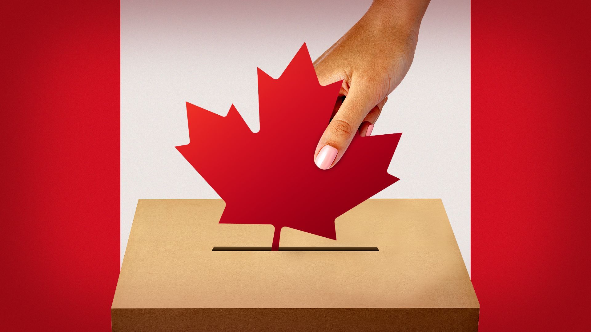Illustration of a hand putting a maple leaf into a ballot box.