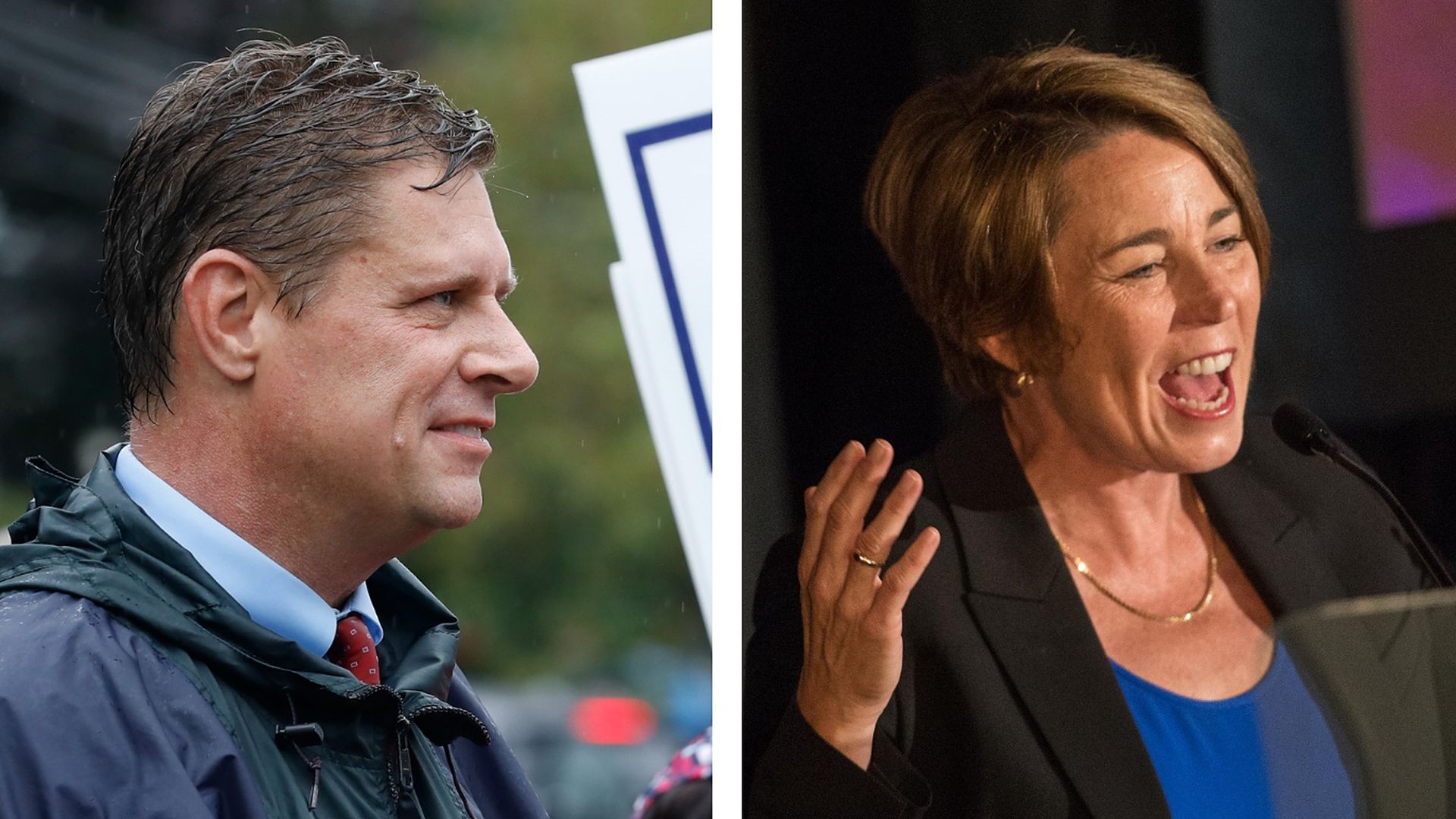 Combination images of Mass. gubernatorial candidates Geoff Diehl and Maura Healey