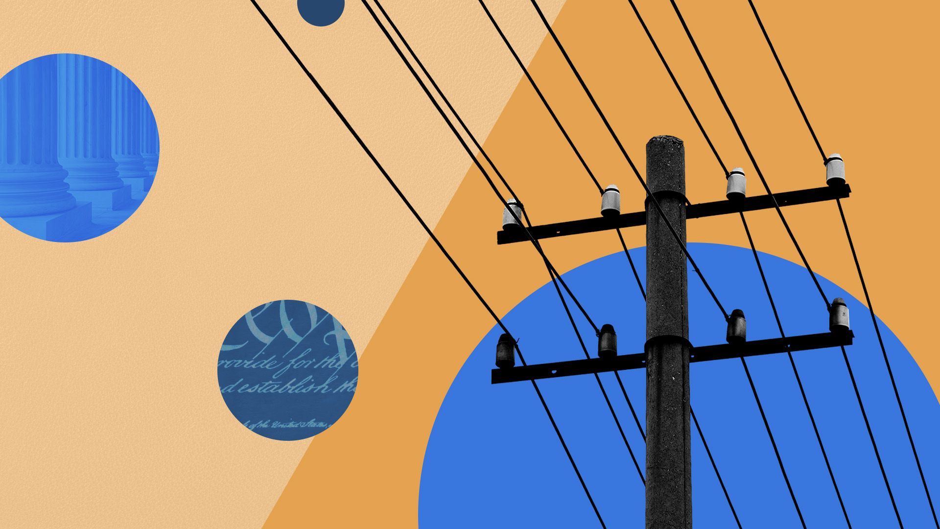 a power pole surrounded by circles overlaid with legal symbols