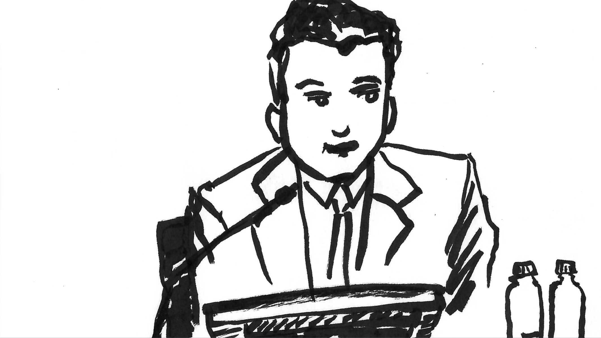 Sam Bankman-Fried as seen through the overflow room monitors, testifying on Friday, Oct. 27. Drawing: Brady Dale/Axios