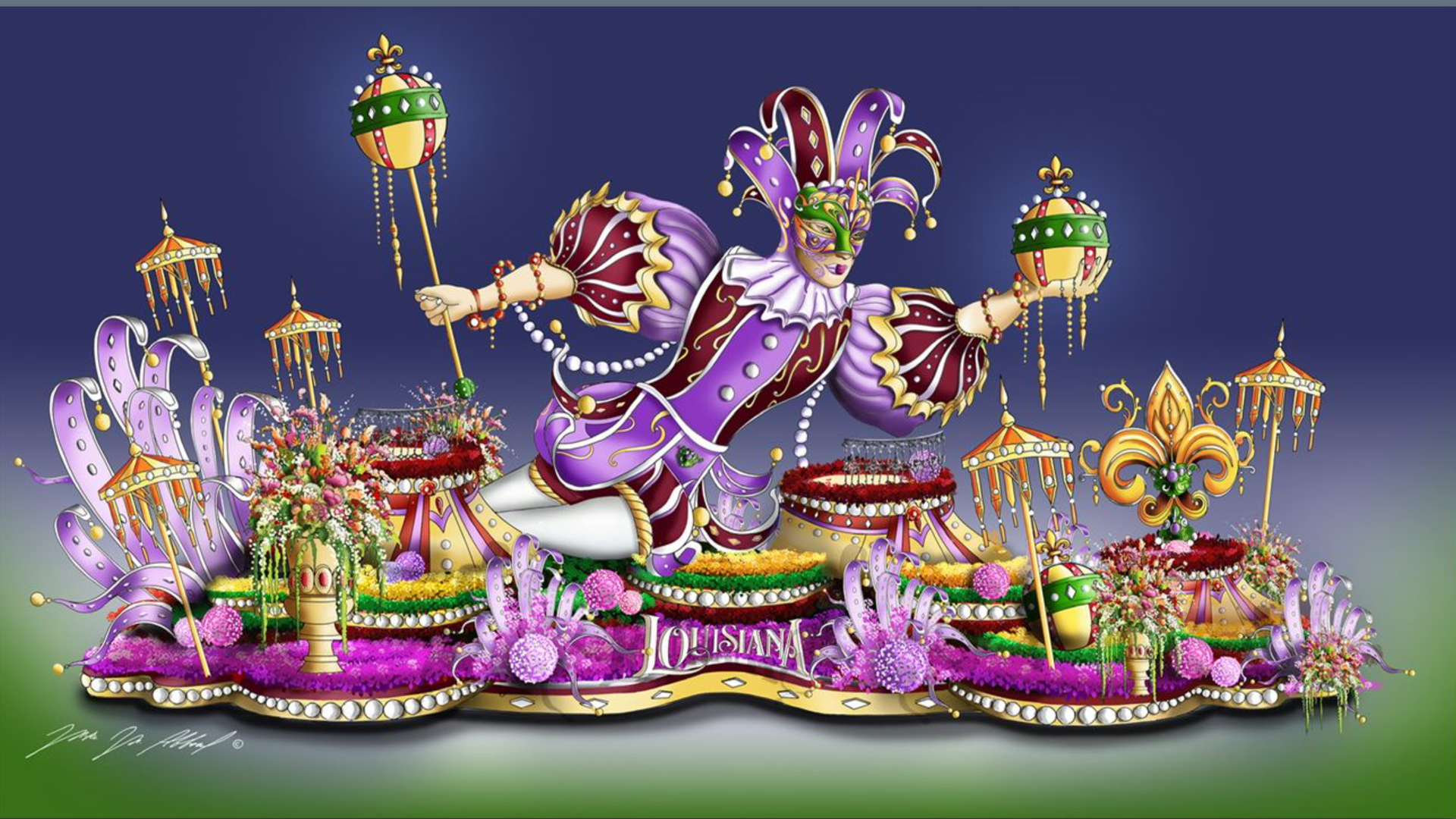 Rendering shows a giant jester on a float