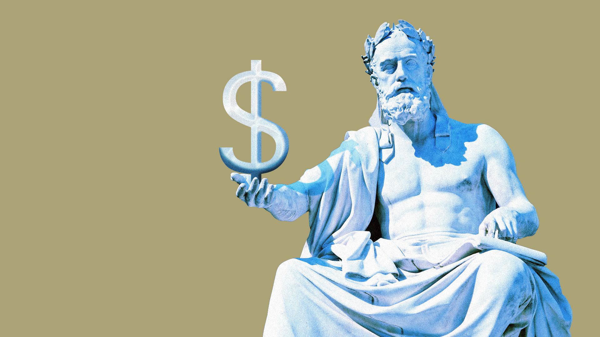 A Greek statue holding a dollar sign.