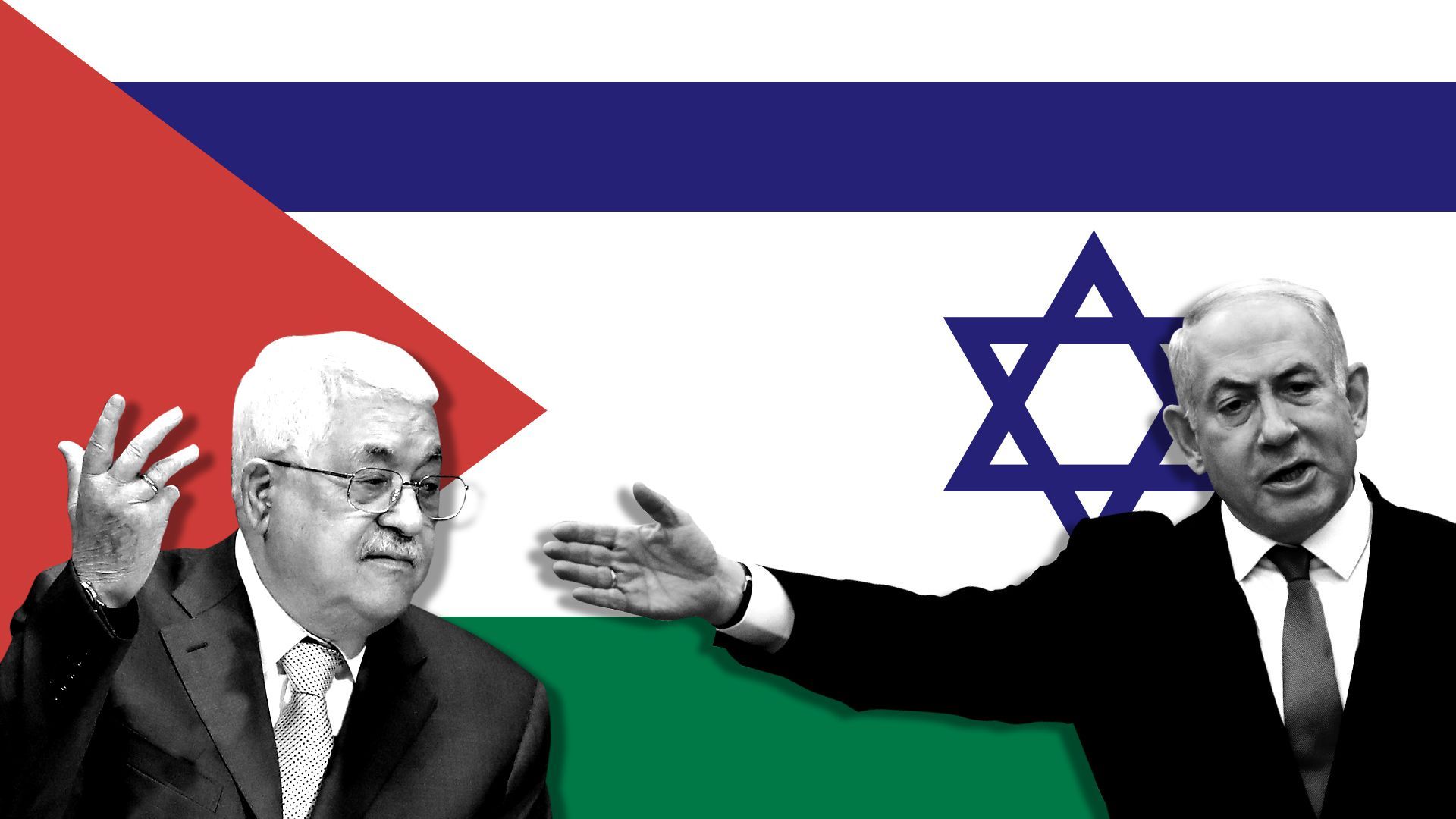 Photo illustration of Mahmoud Abbas and Benjamin Netanyahu in front of a mash-up of the Palestinian and Israeli flags.