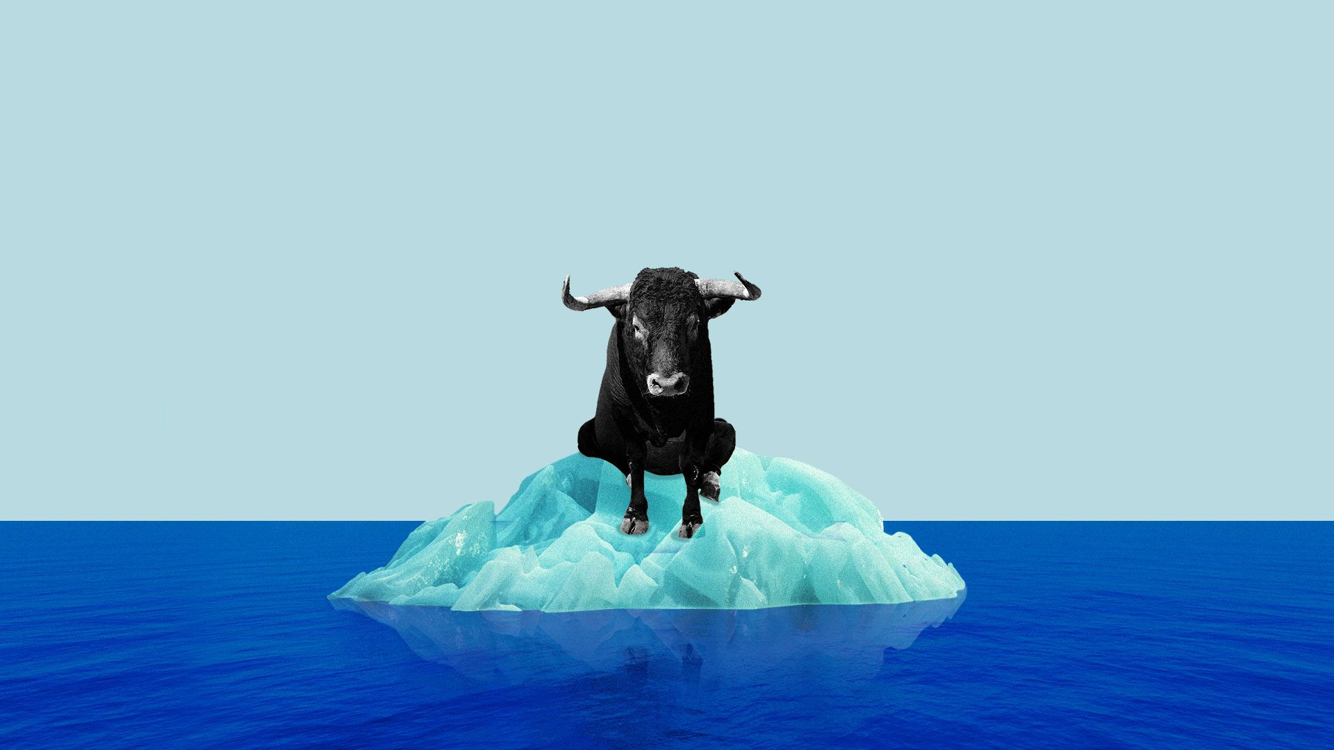 Illustration of a bull sitting on a very small iceberg surrounded by water. 