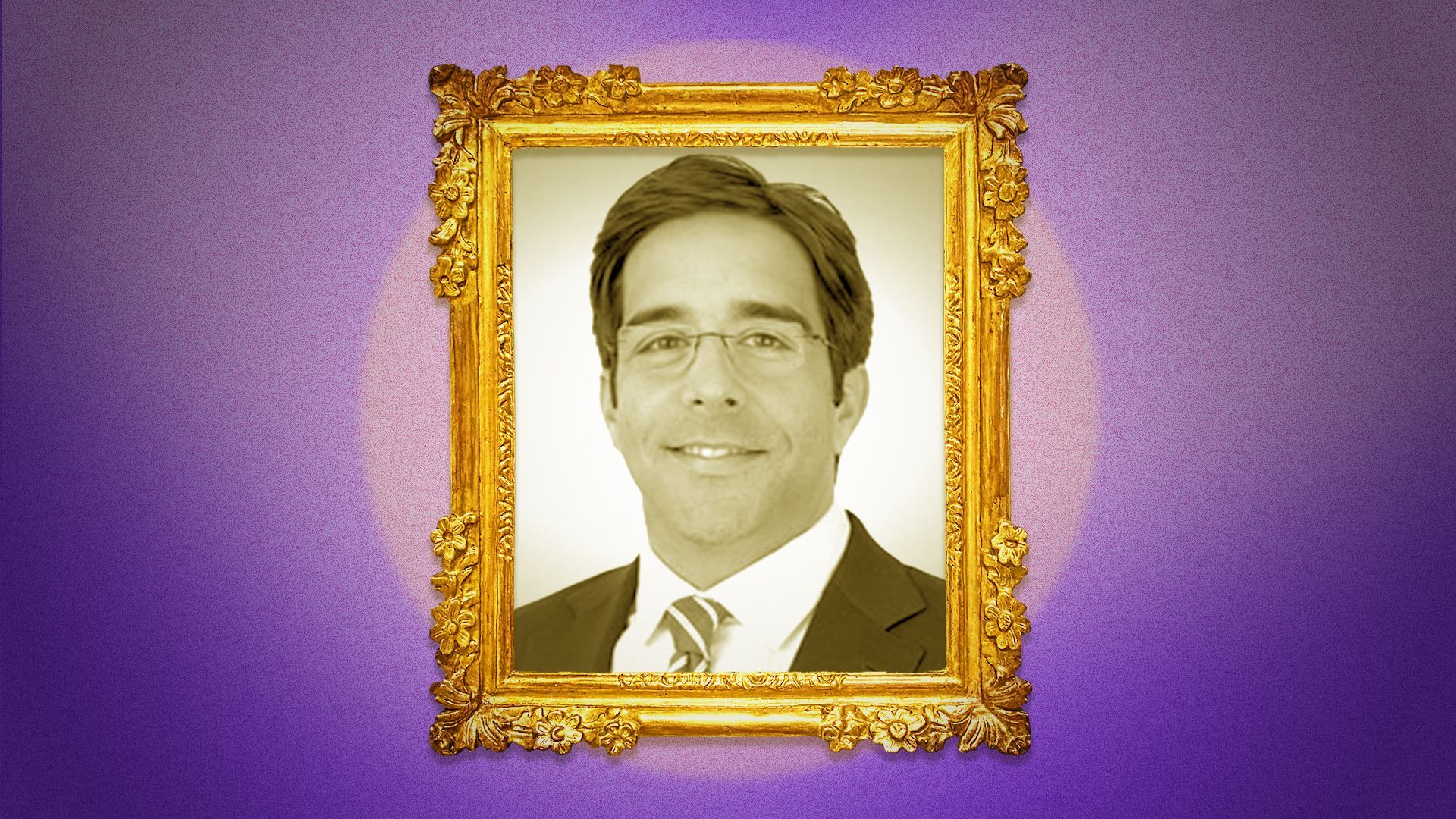 Photo illustration of a picture of Jorge Herrera centered inside a gold frame lit by a spotlight.