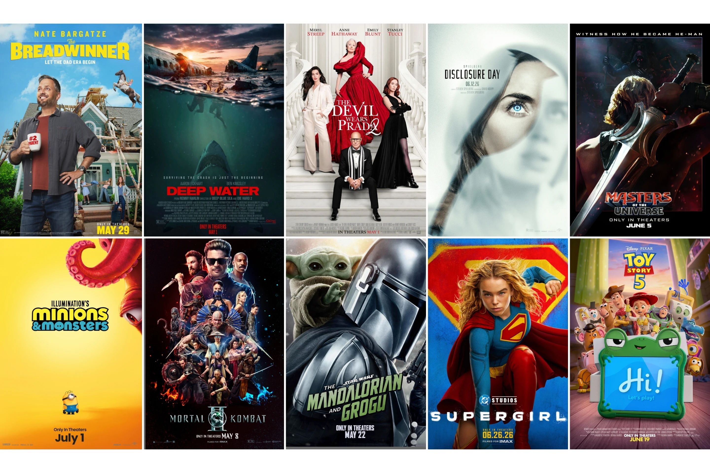 A collage of movie posters for this summer's top releases, including "The Devil Wears Prada 2," "Supergirl," "Toy Story 5" and more. 