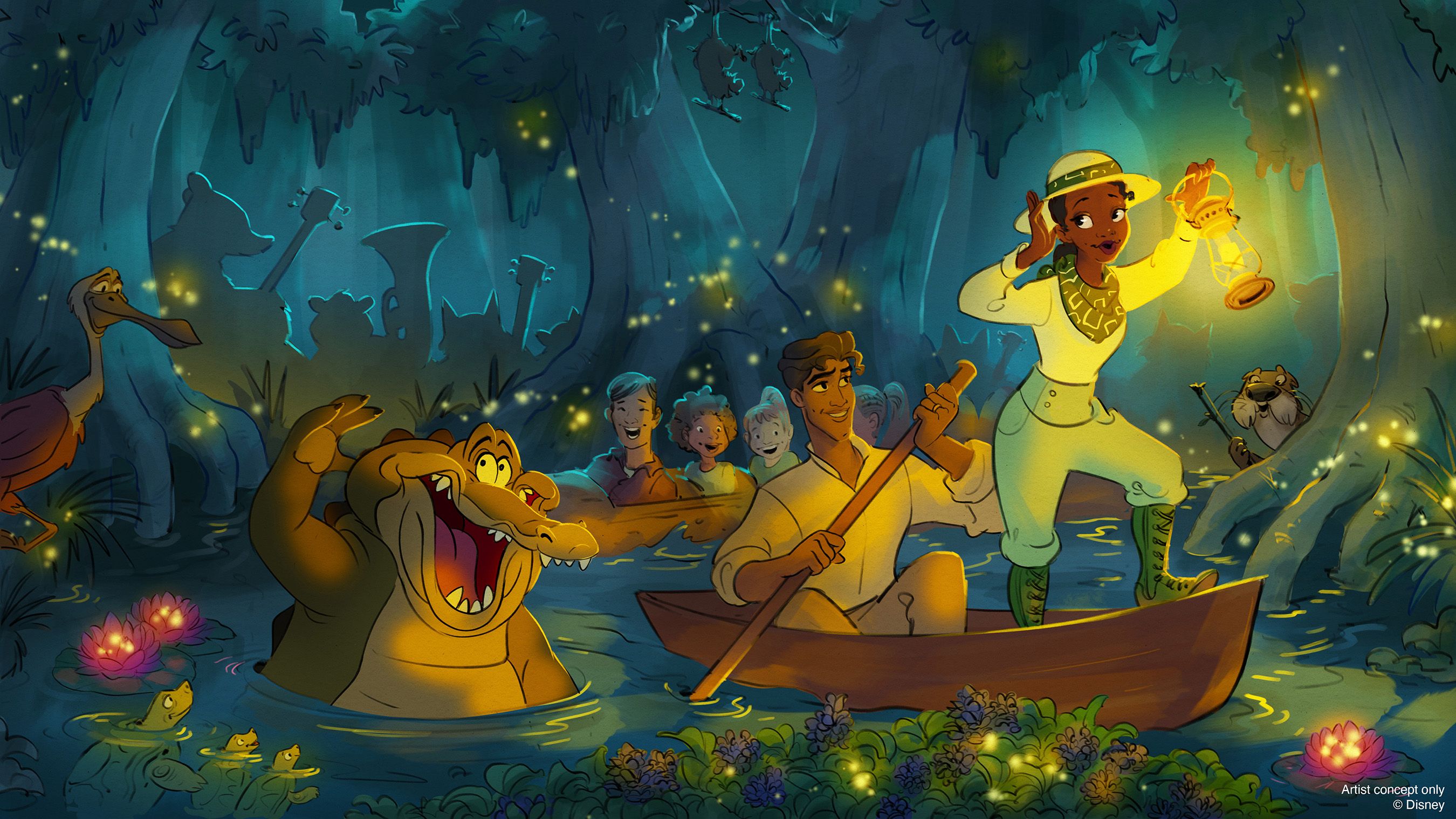 Image is a rendering of what the ride could look like. Tiana and Naveen are in a boat in the water. She holds a lantern. Louis the gator smiles and swims next to them. Fireflies light up the swamp.