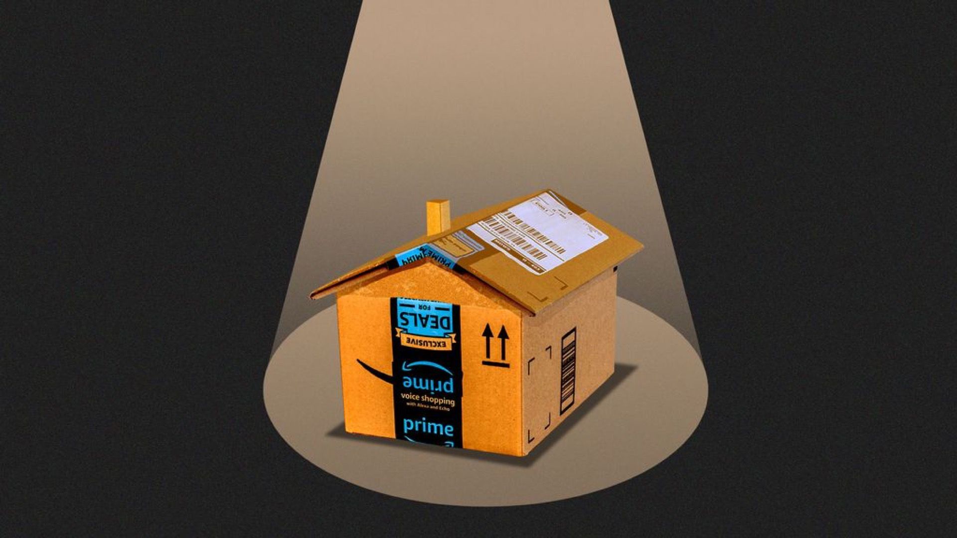 Illustration of an amazon prime box in the shape of a house with a spotlight on it.