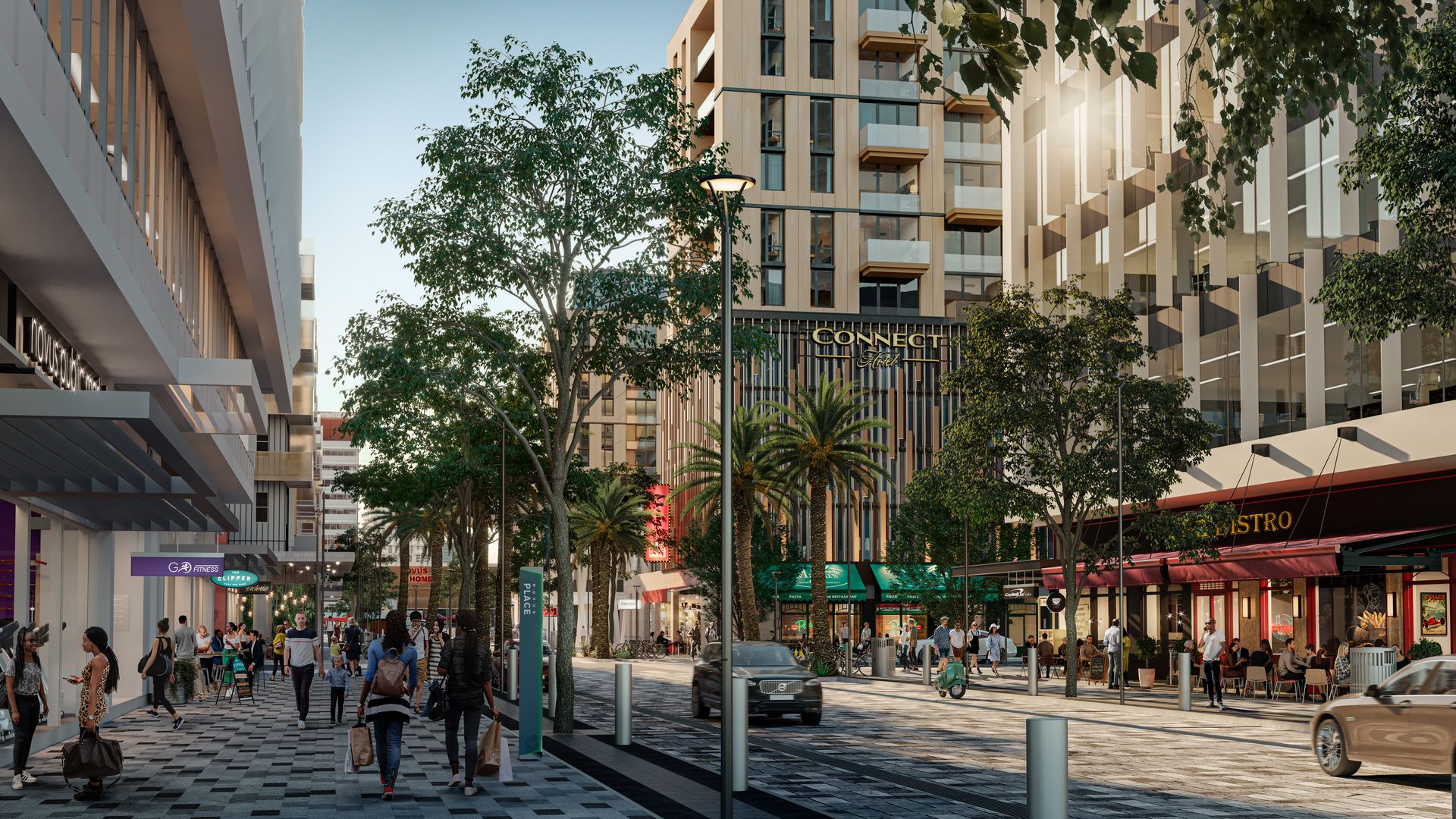 A rendering of high rises and retail.