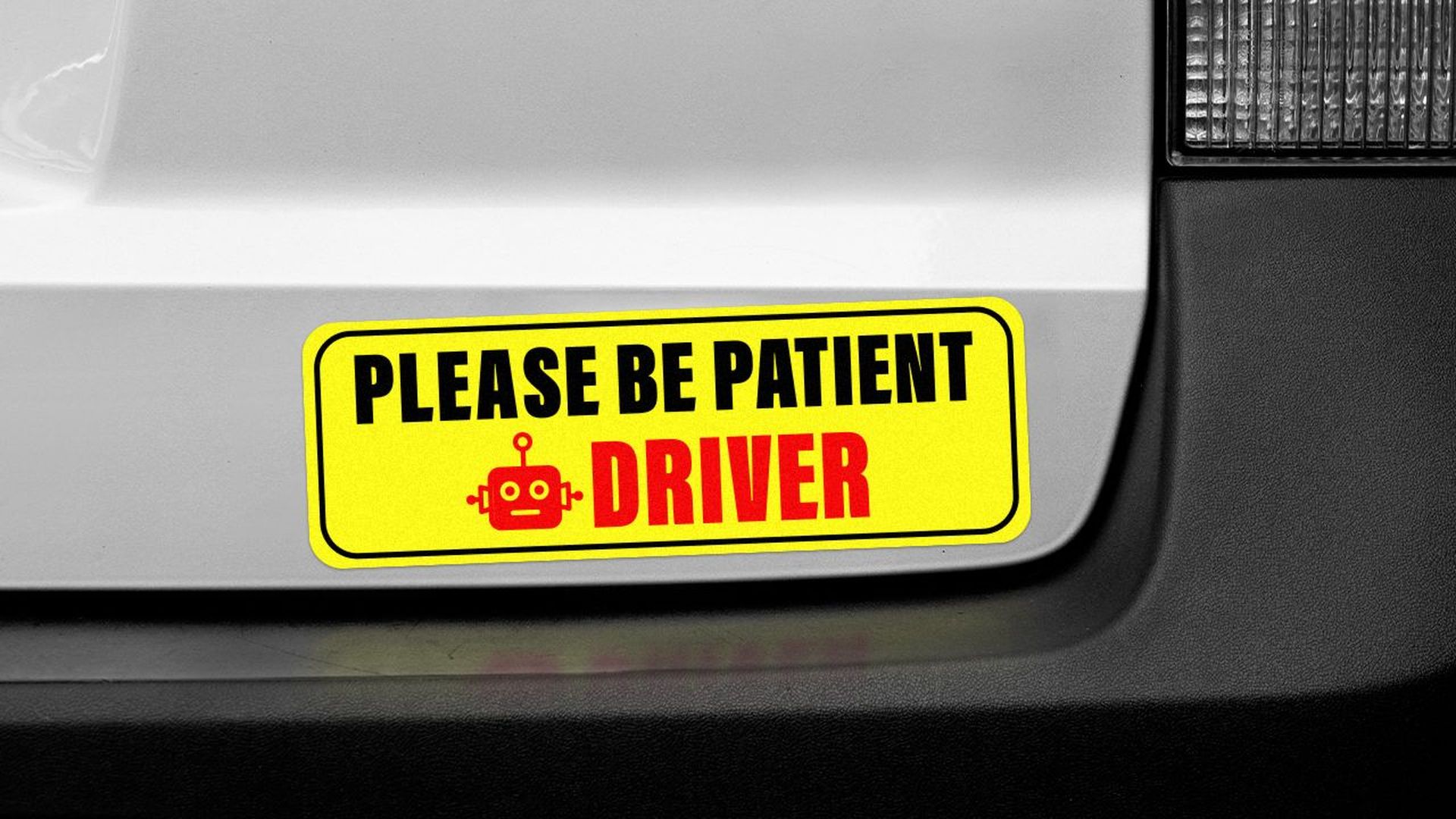 Illustration of the back of a car with a bumper sticker that says Please be patient robot driver using a robot icon