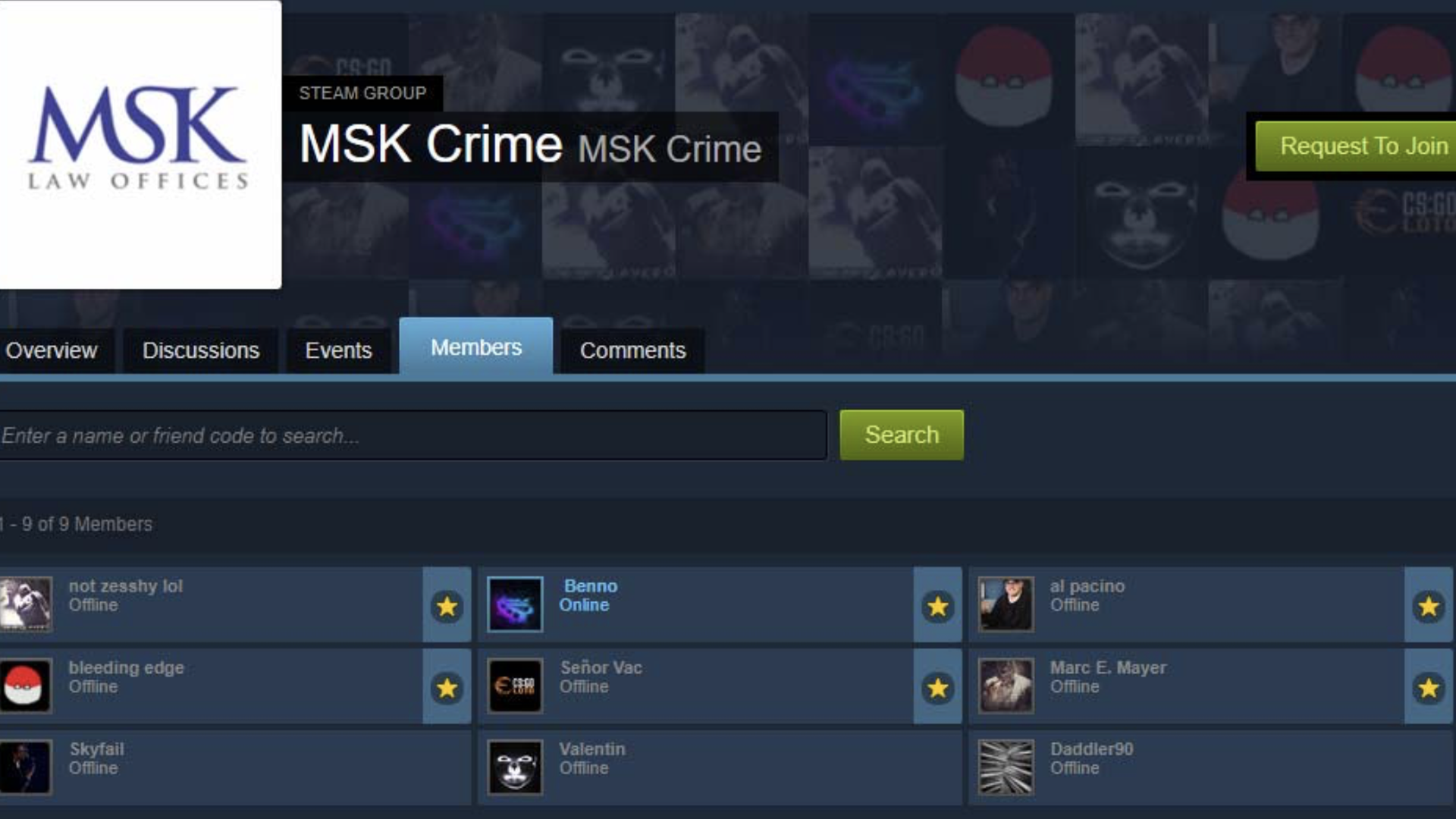 Screenshot of an online user group bearing the name MSK Crime