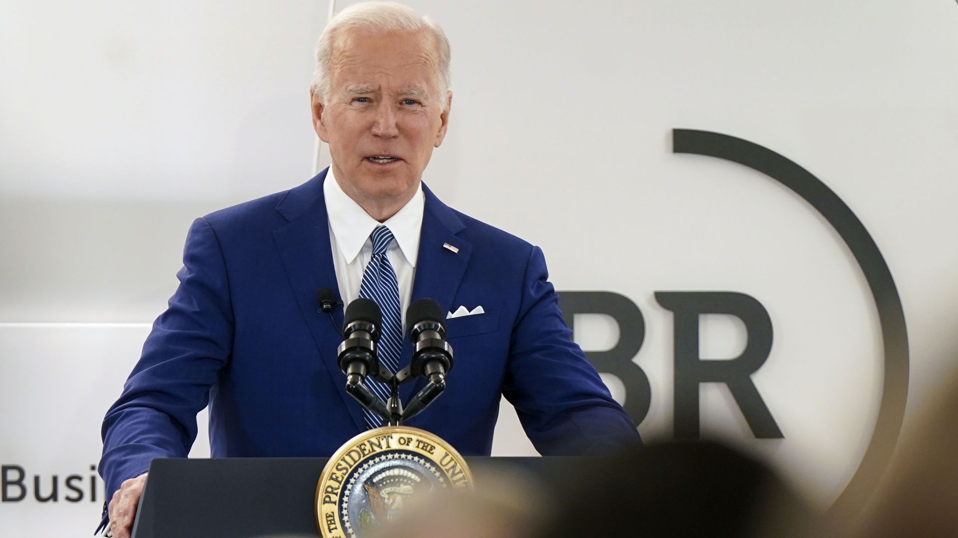 President Joe Biden speaks while joining the Business Roundtable's chief executive officer quarterly meeting in Washington, D.C., U.S., on Monday, March 21.