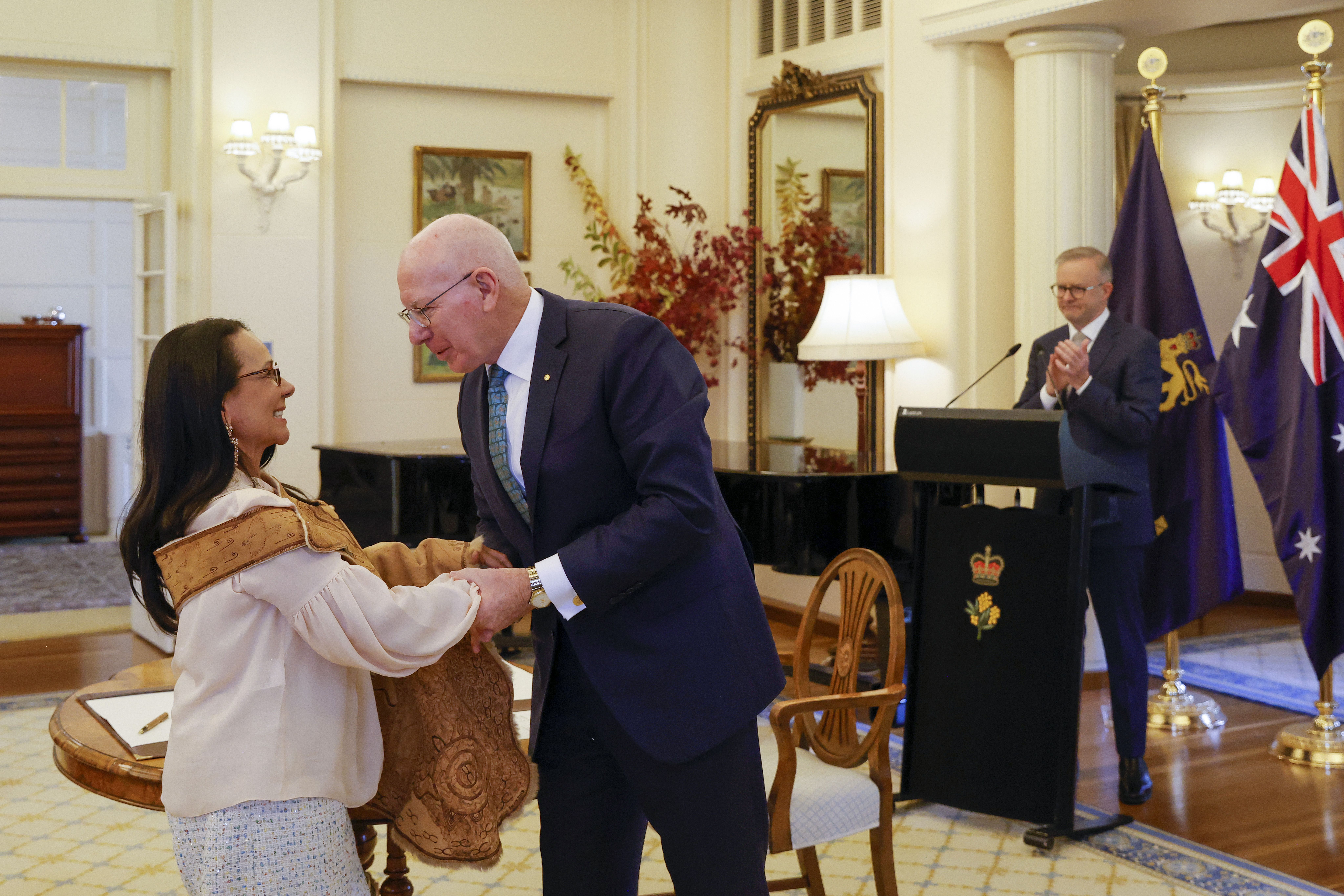 Governor-general David Hurley congratulates Linda Burney, Minister for Indigenous Australians, at Government House on June 01, 2022 in Canberra, Australia. 