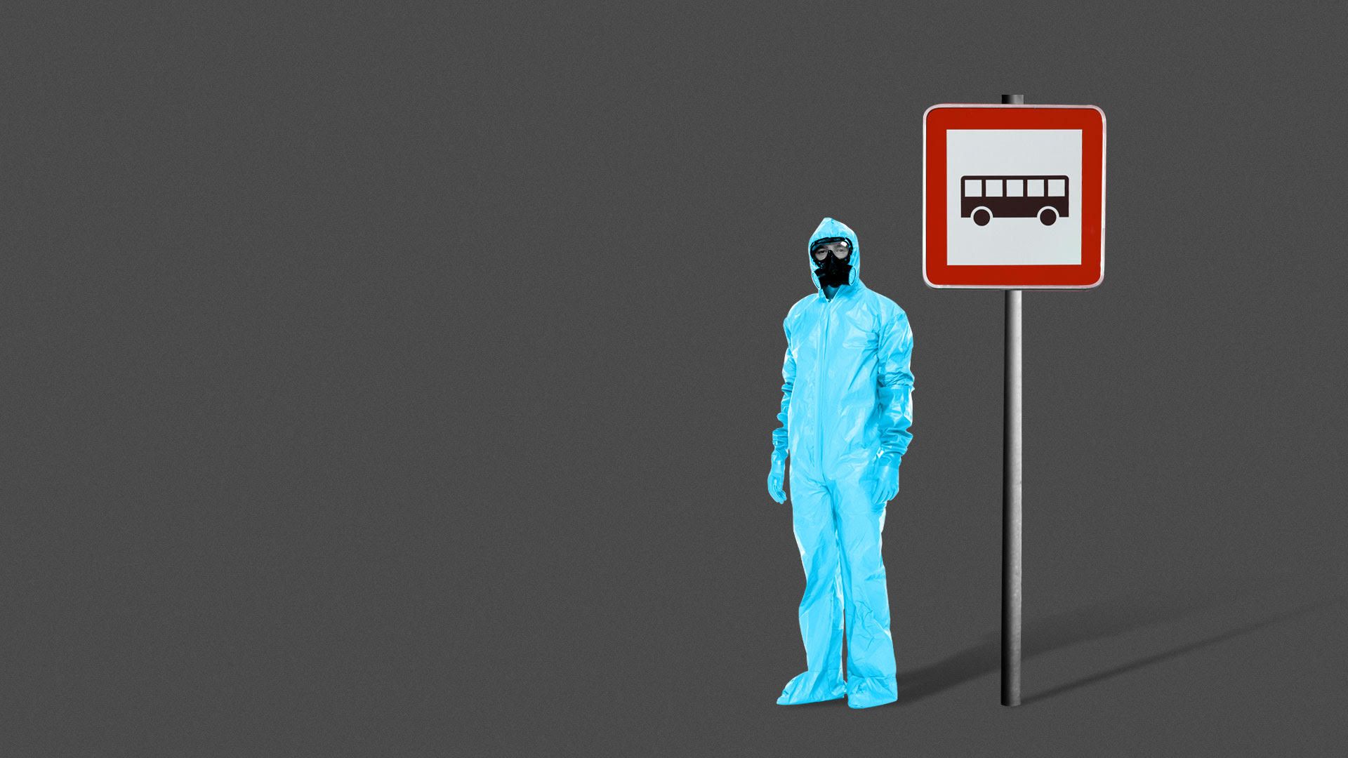 Illustration of person in hazmat suit standing next to bus sign.