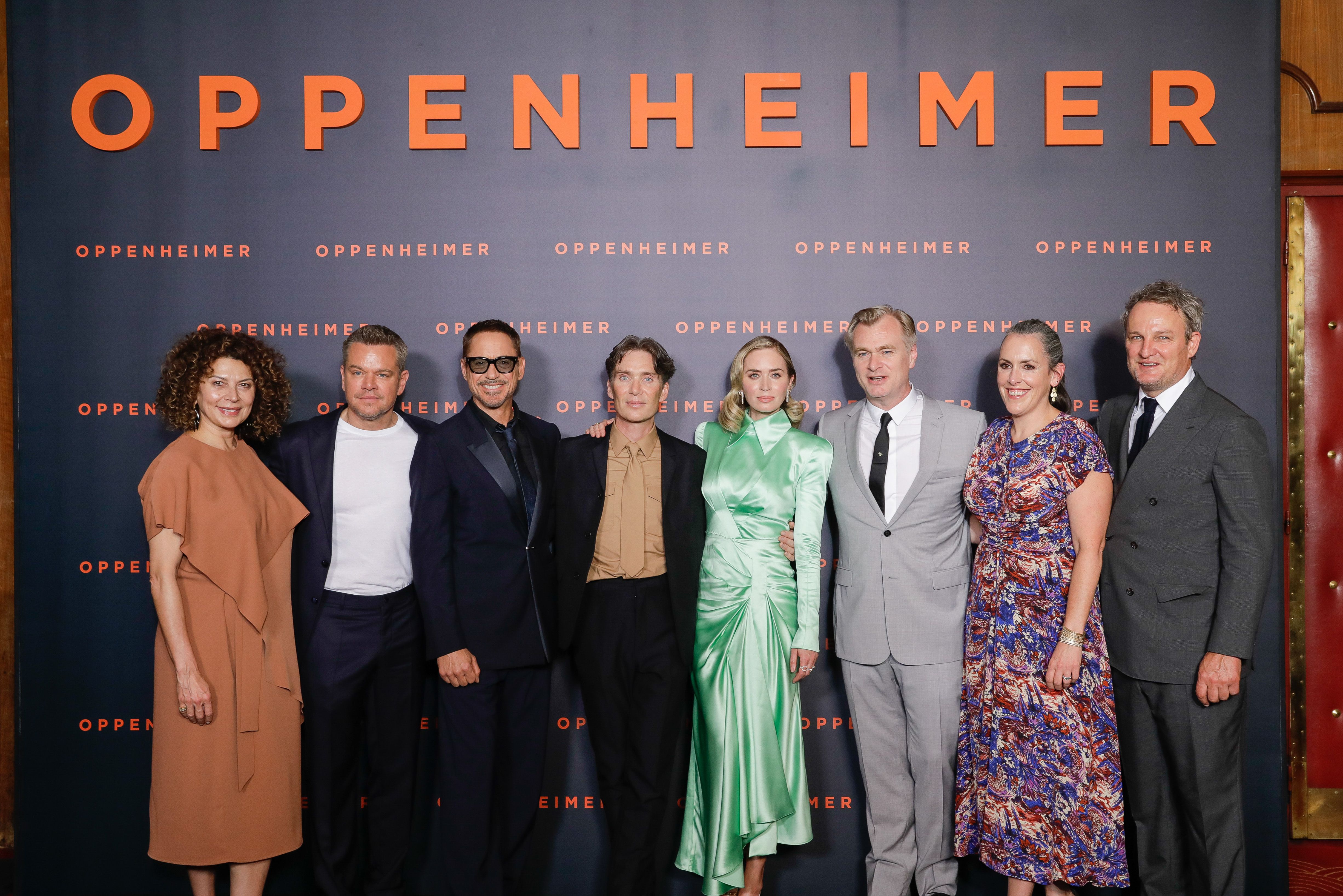 Matt Damon, Robert Downey Jr, Cillian Murphy, Emily Blunt, Christopher Nolan, Emma Thomas and Jason Clarke attend the "Oppenheimer" premiere, July 11, 2023, in Paris. 
