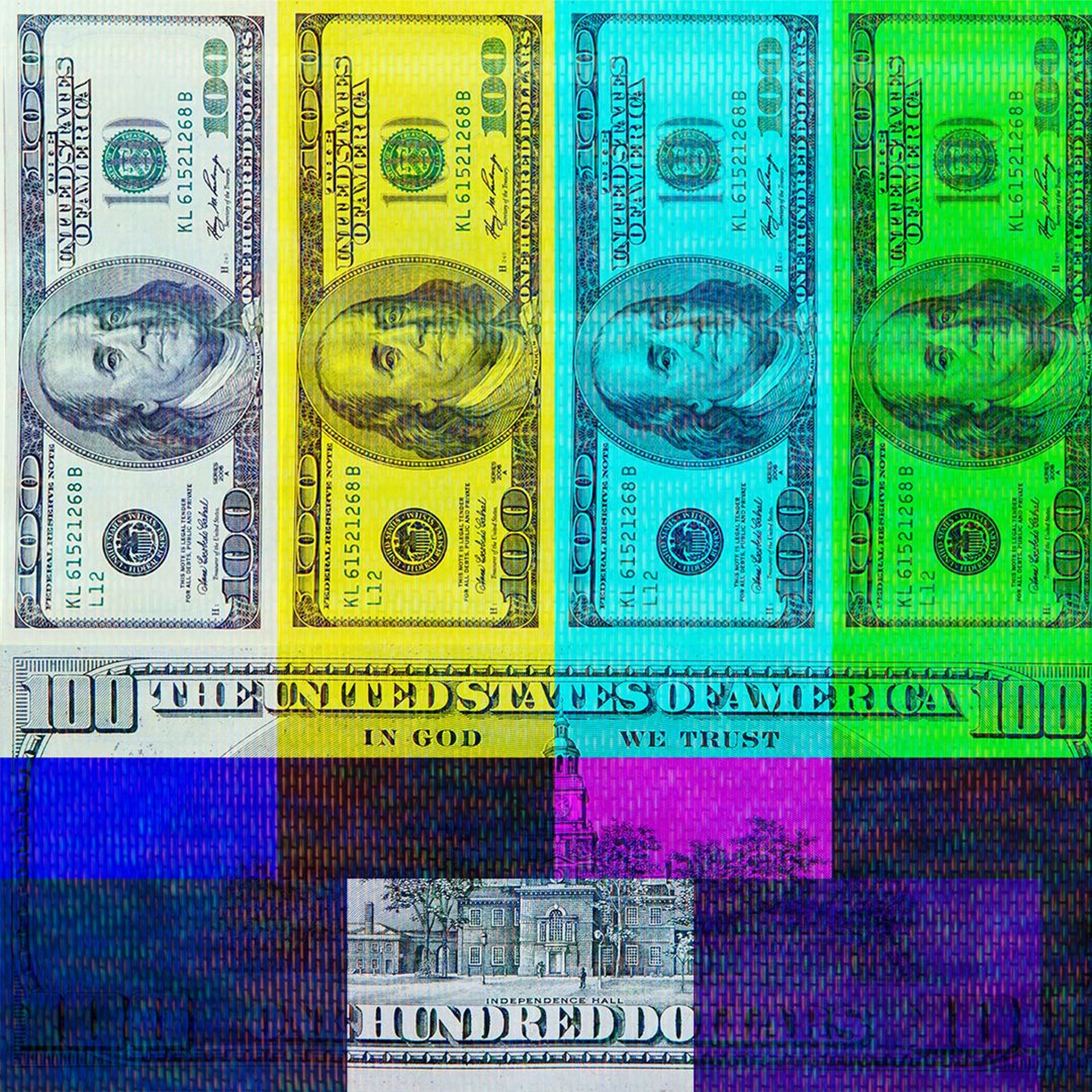 Illustration of a television test pattern made of hundred dollar bills.