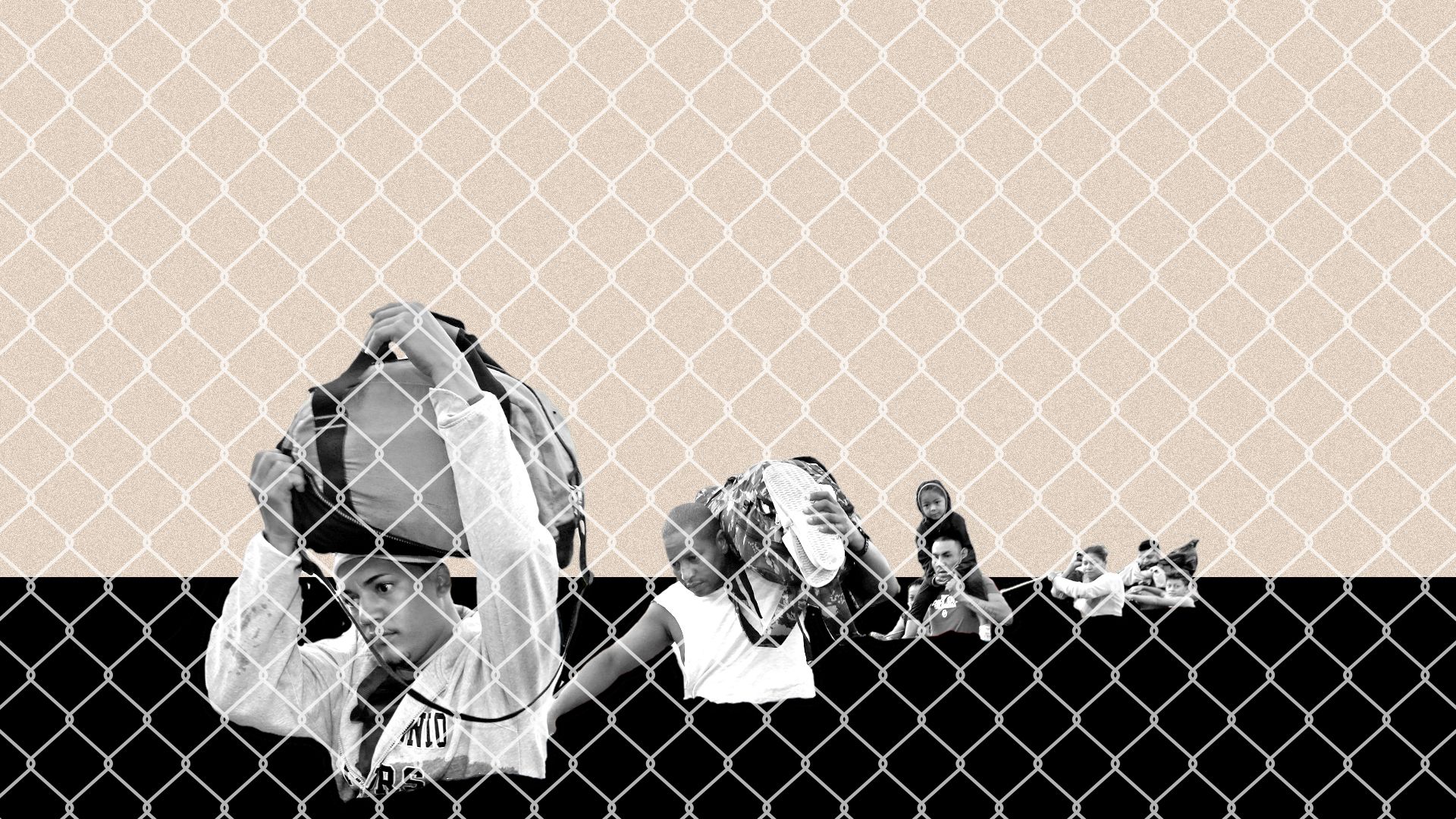 Illustrated collage of migrants wading through a dark background with a chain link fence texture on top.