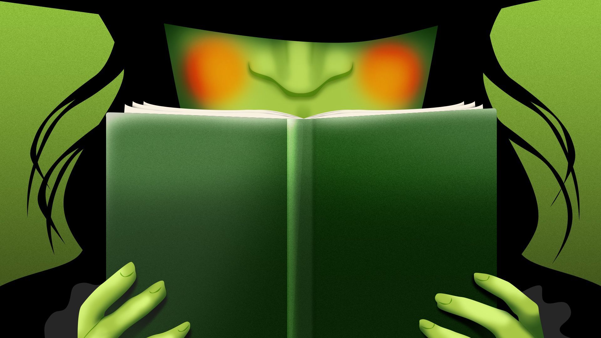 Illustration of the Wicked Witch of the West blushing as she reads a book
