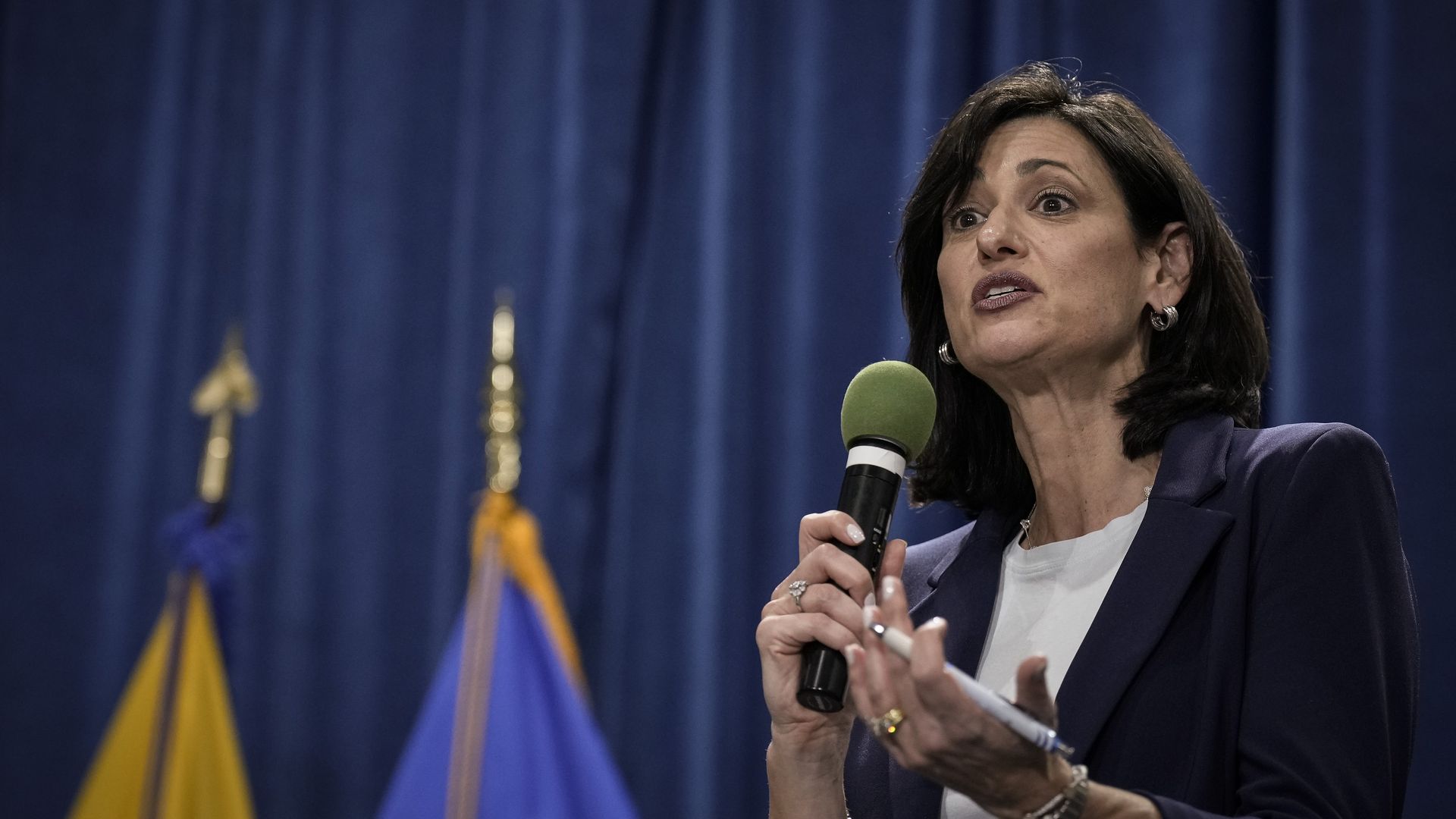 A photo of CDC director Rochelle Walensky presenting the agency's budget request at a press conference at HHS headquarters in March 2023.