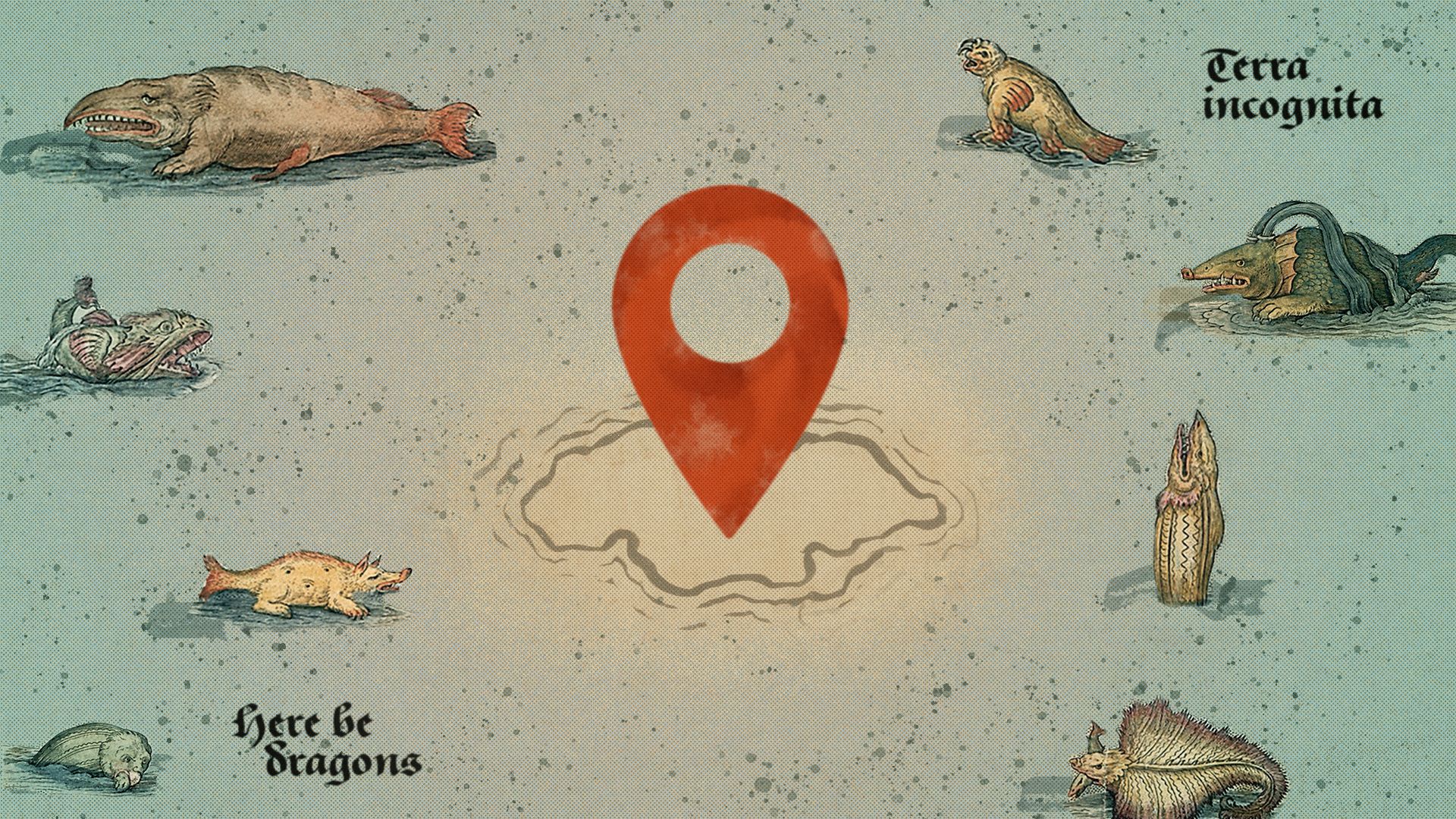 Photo illustration of a navigation icon on an old maritime style map with monsters all along the edges that say "here be dragons" and "terra incognita".