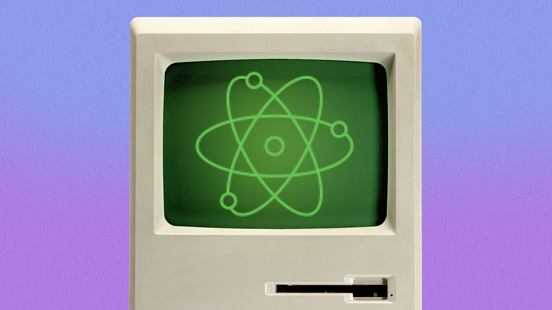 Illustration of a computer screen with a pixelated atom on it