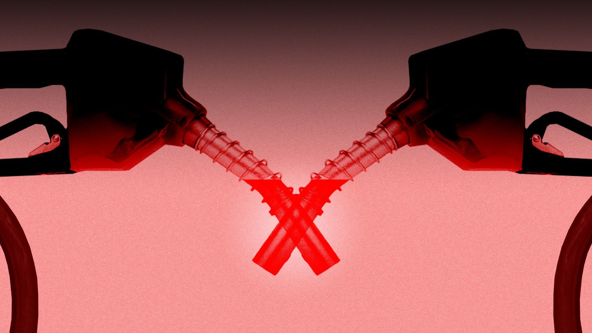 Illustration of two gas pump nozzles facing and crossing each other.