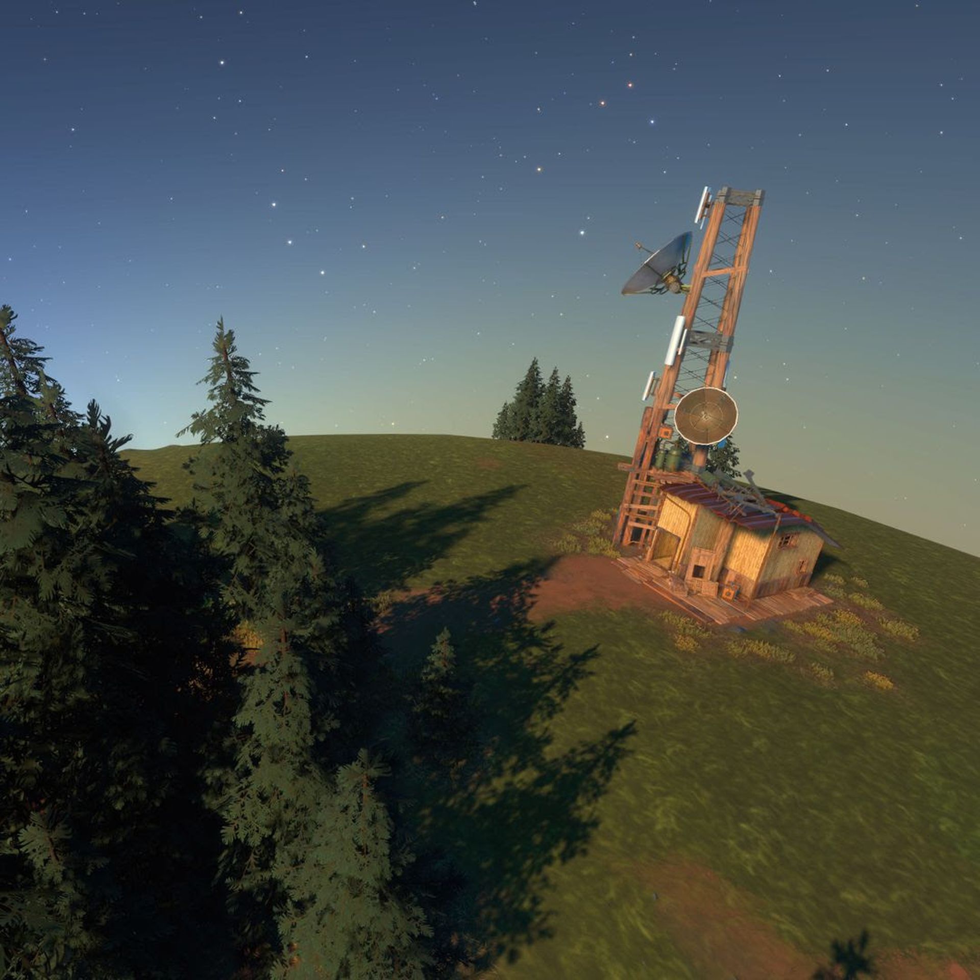 A screenshot showing a above earth perspective of a green landscape with a small structure with satellite tower and pine forest.
