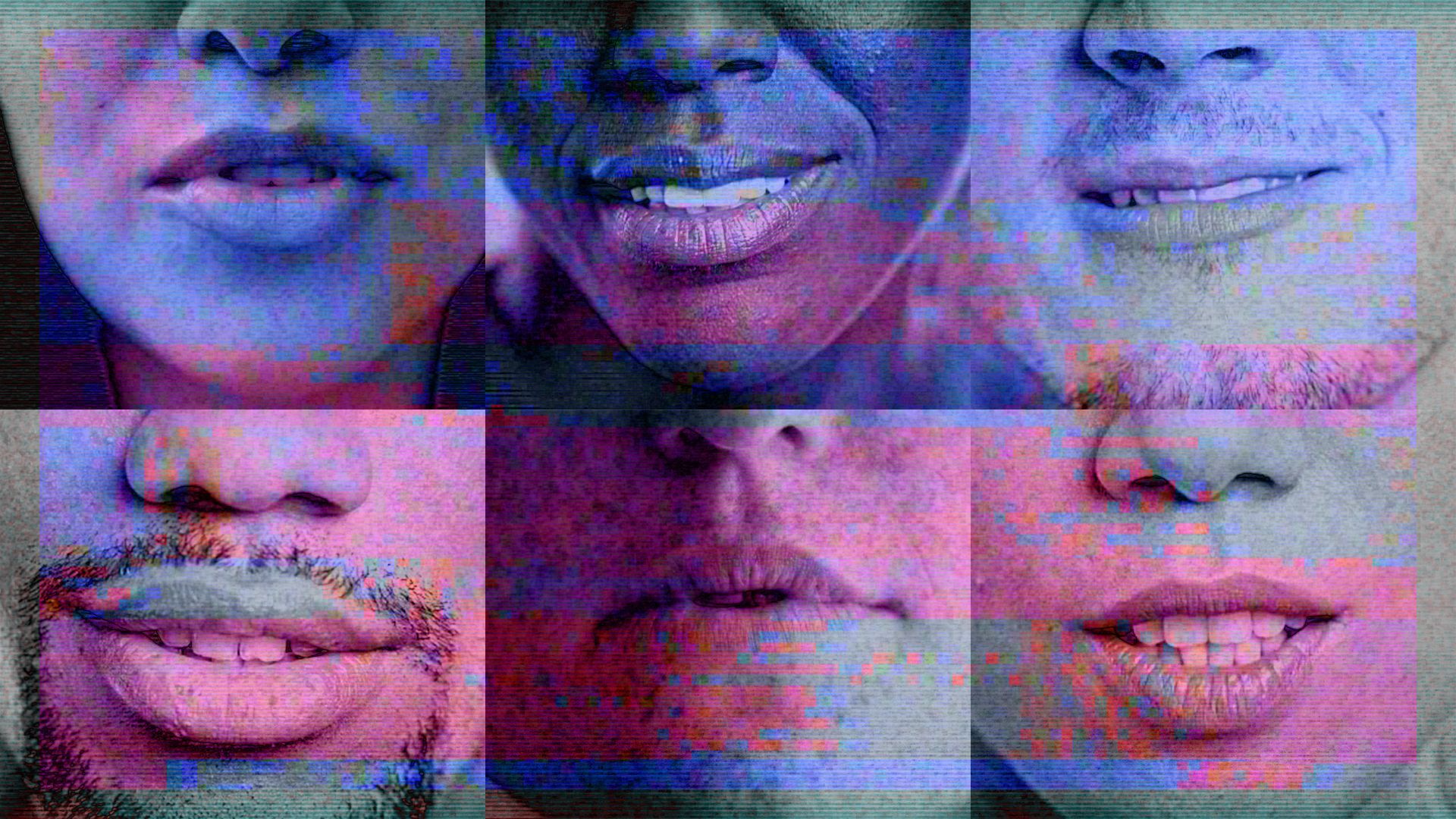 Photo illustration of a grid of closely cropped photos of mouths with digitized overlays