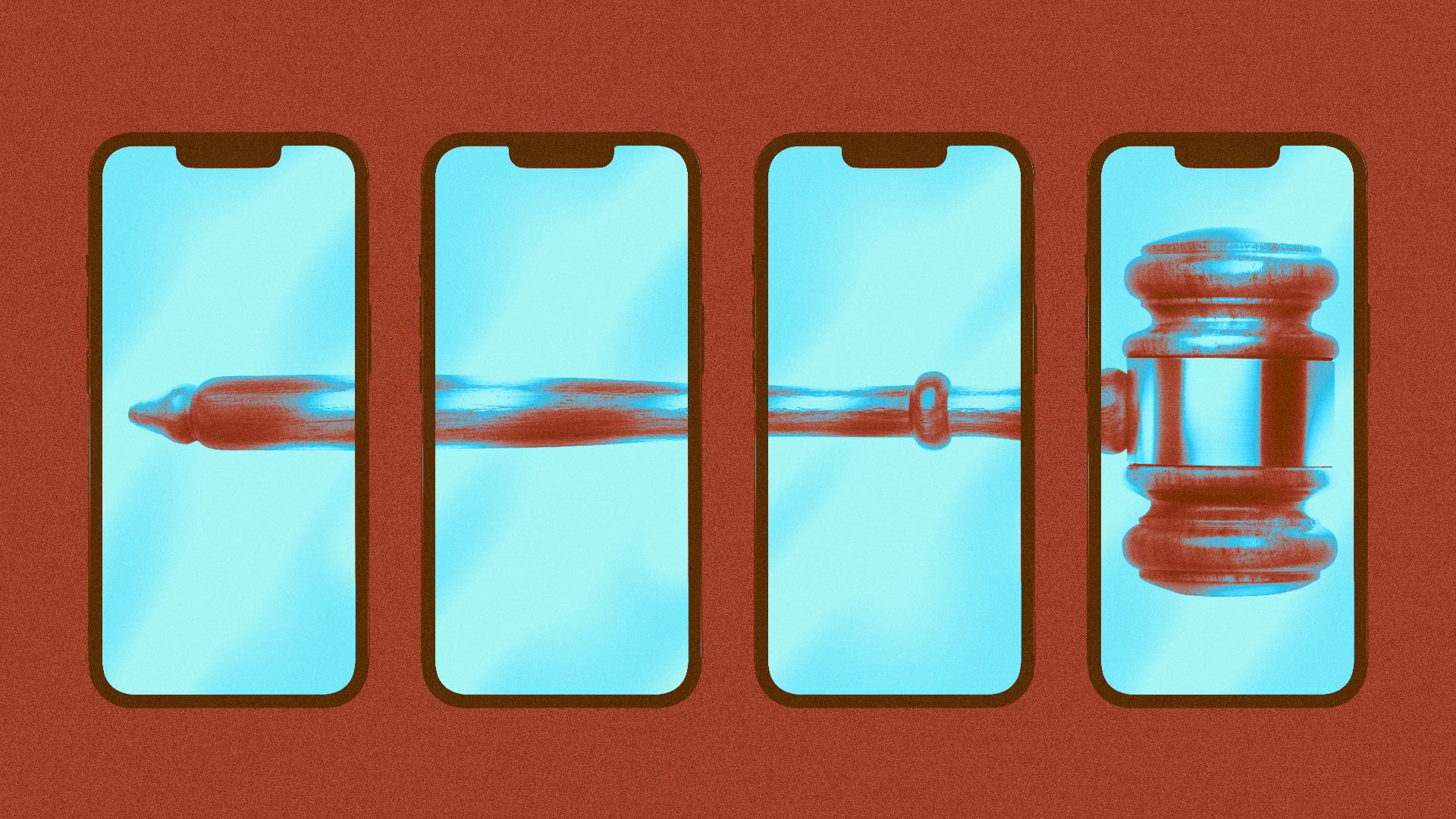 Illustration of a gavel appearing across four smart phone screens.