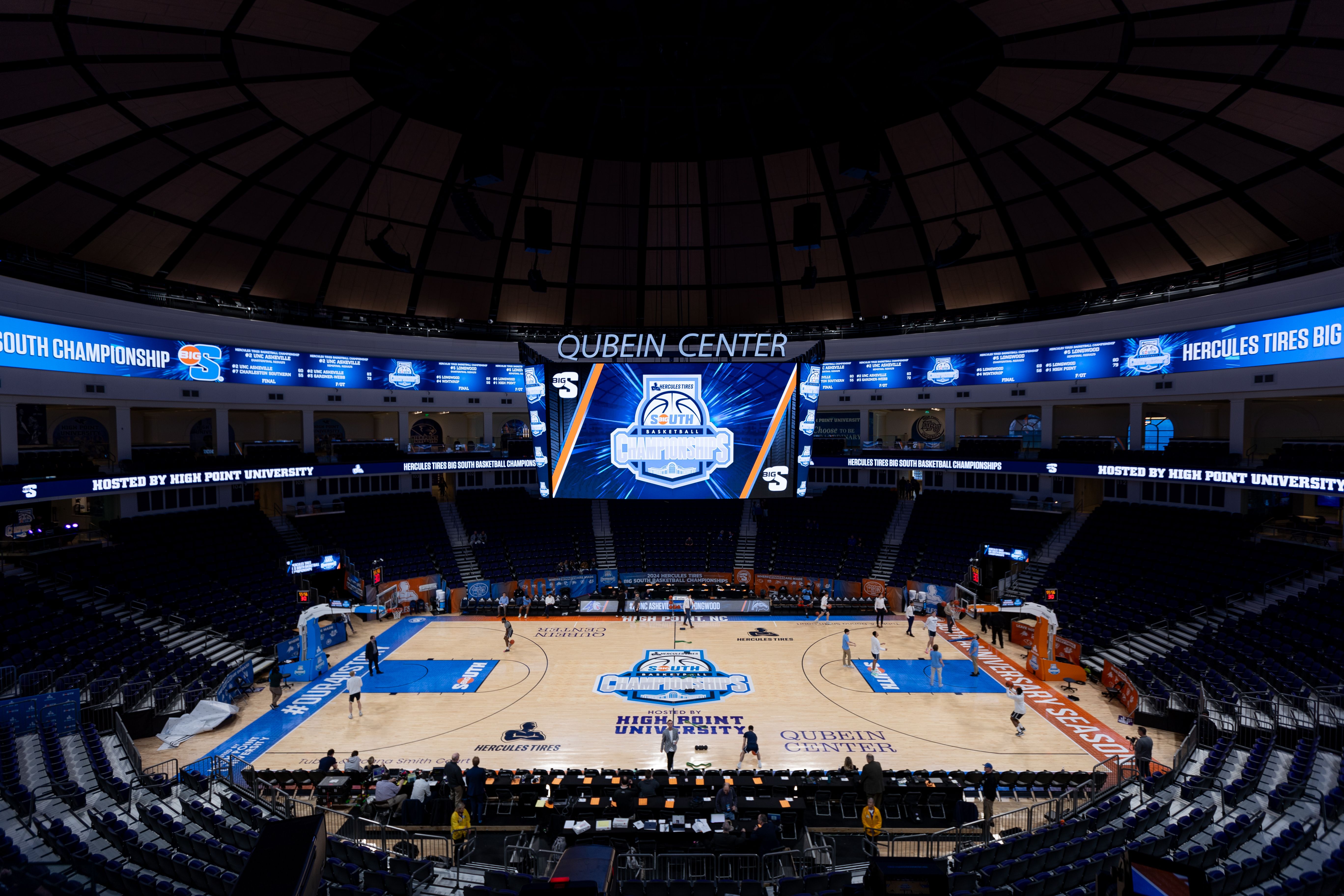 The court at High Point University's Qubein Center during the Big South Men's Basketball Championship in 2024.