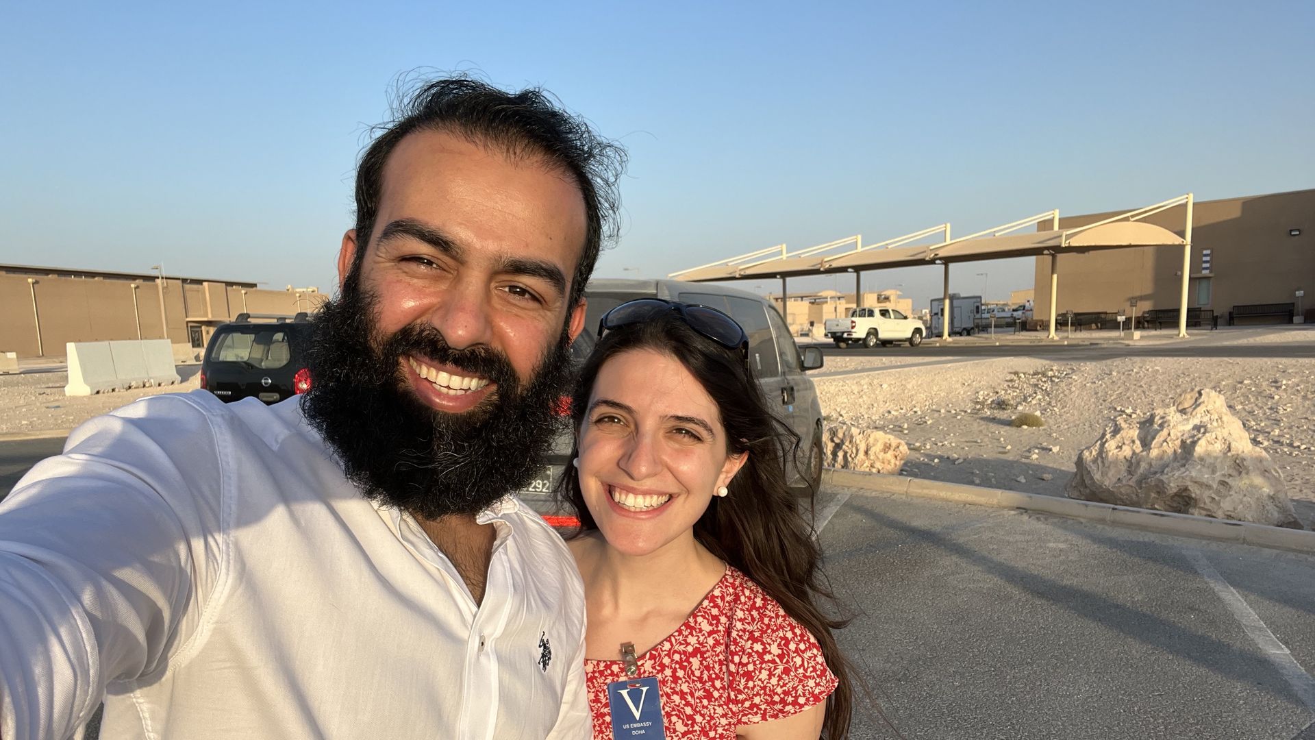 Safi Rauf and Sammi Cannold the day after his release on Al Udeid Air Base in Qatar