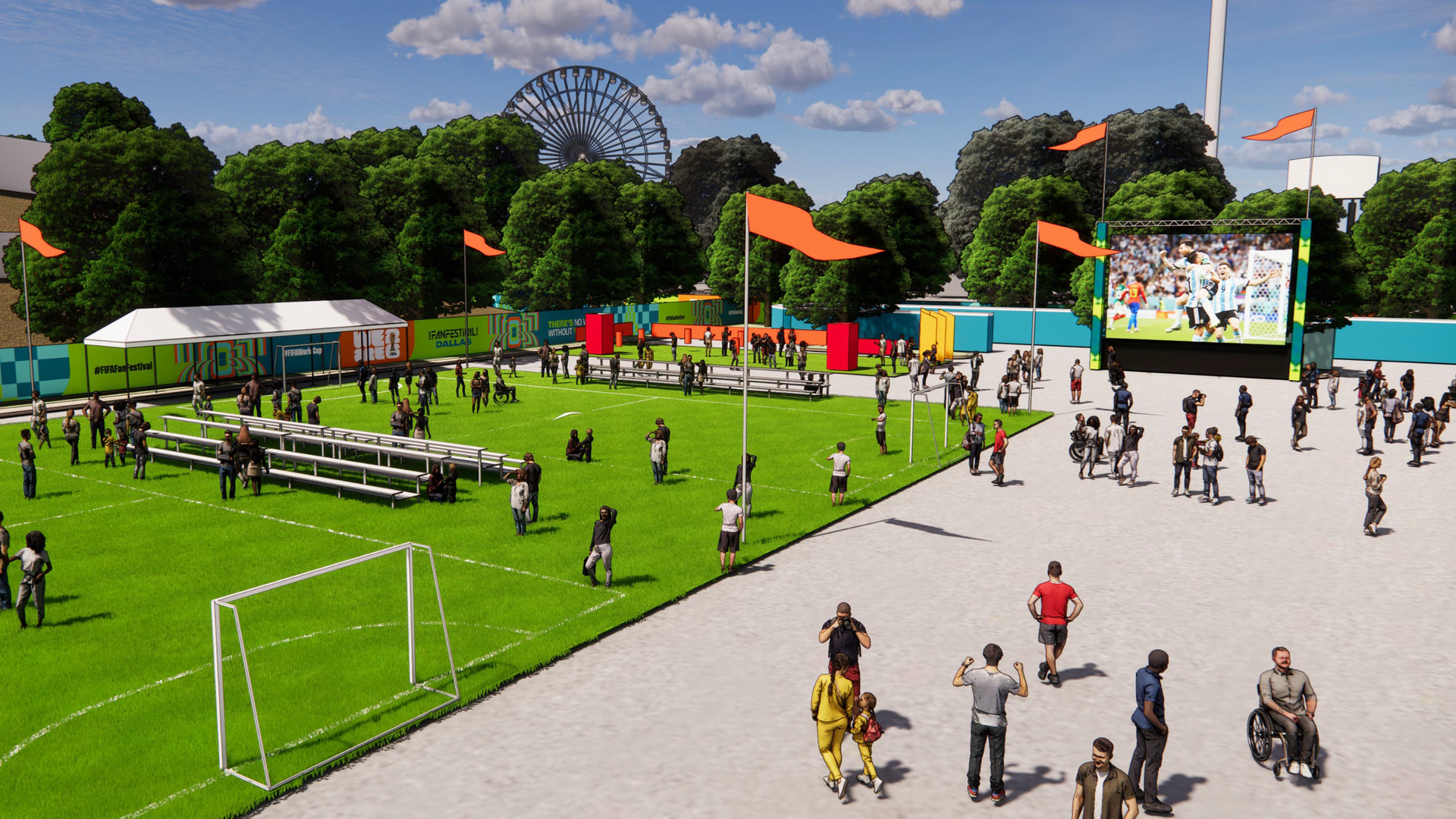 Outdoor fan festival scene with a small soccer pitch, orange flags, bleachers, a large screen showing a match, dense trees, a Ferris wheel in the background, and groups of people milling about.