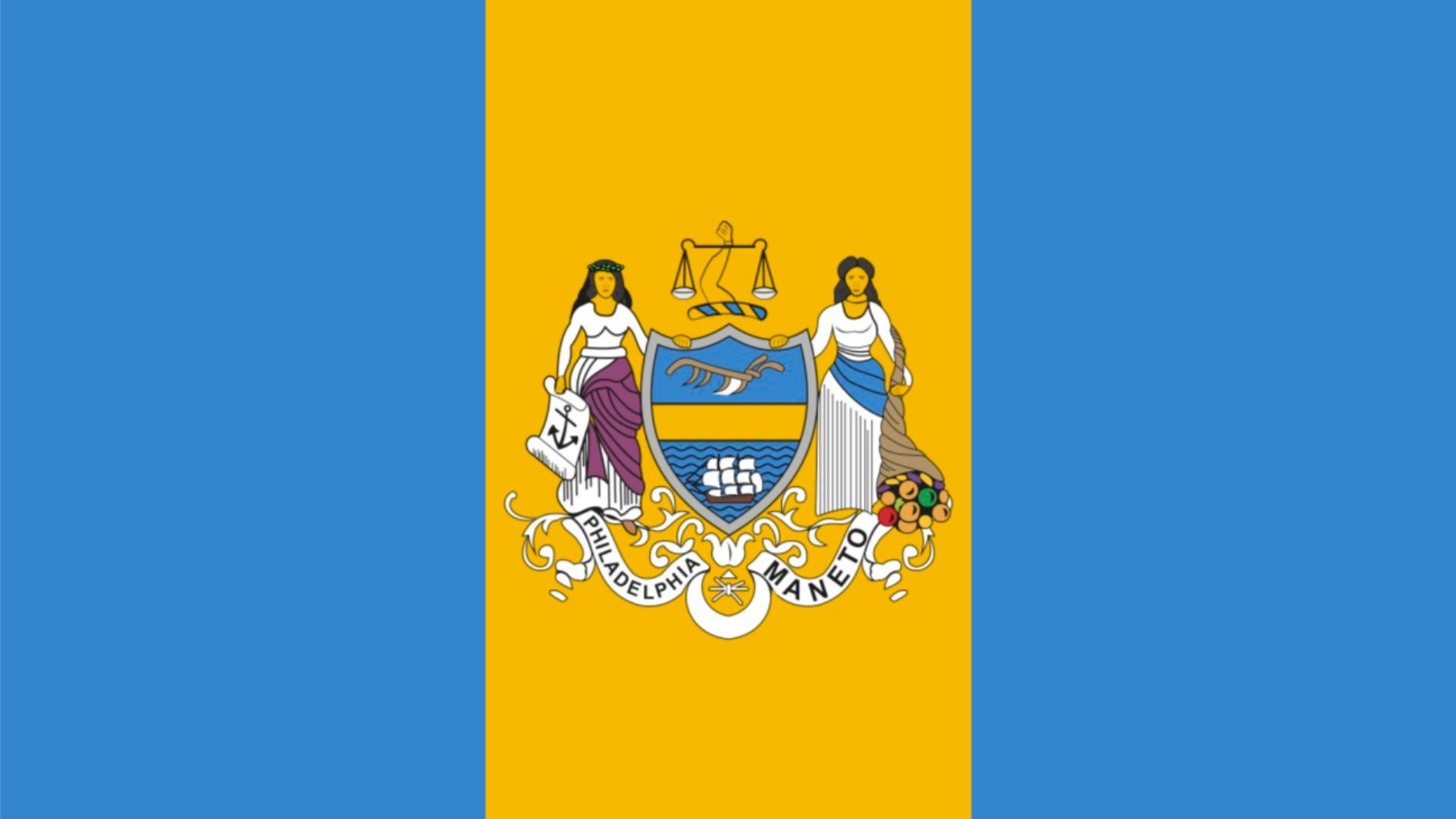 Flag with blue vertical stripes on sides and a wide gold center stripe featuring a detailed coat of arms with two women, a shield with tools, scales, and a sailing ship.