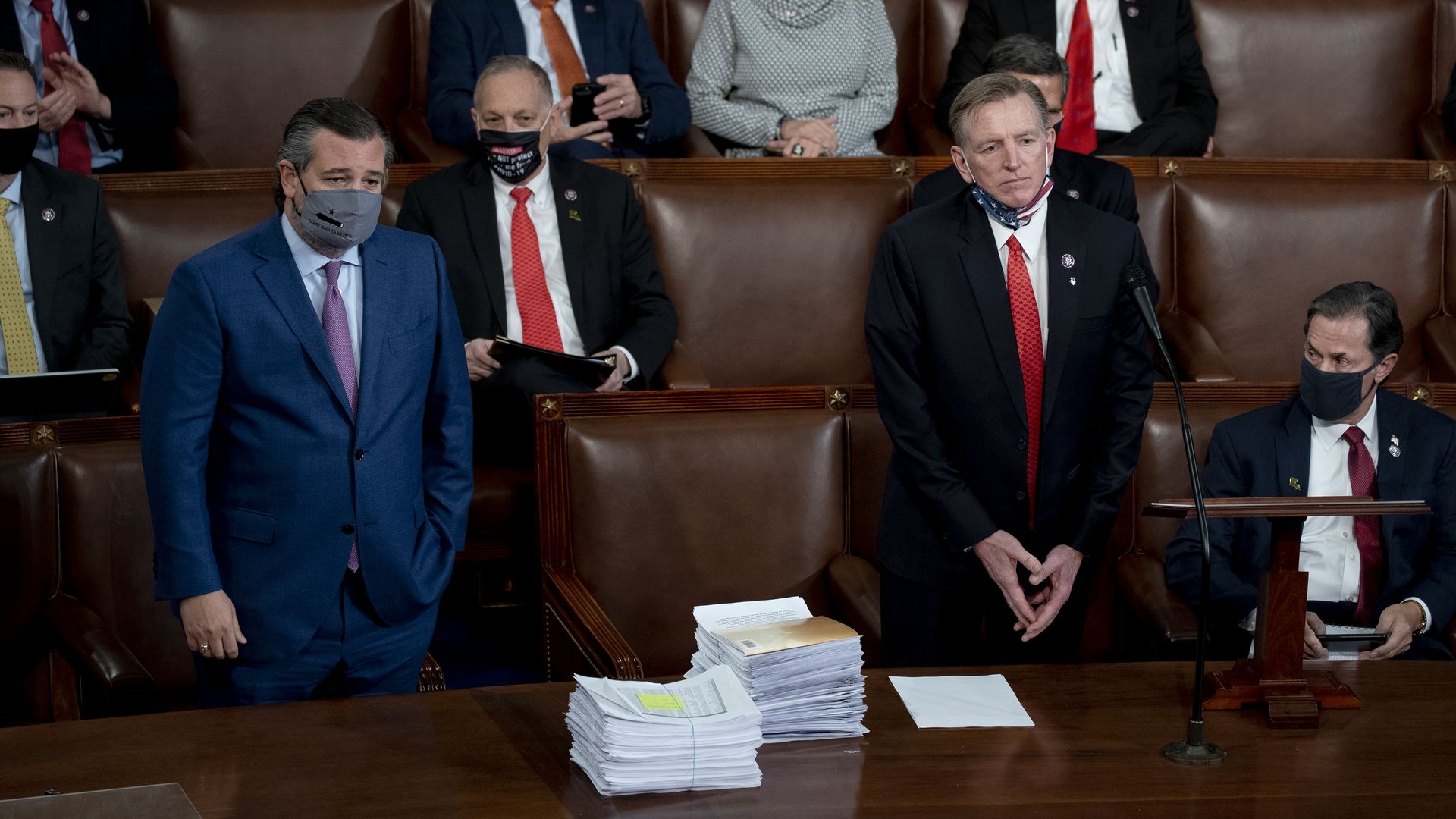 Sen. Ted Cruz and Rep. Paul Gosar are seen objecting to the certification of Arizona's election results on Jan. 6, 2021.