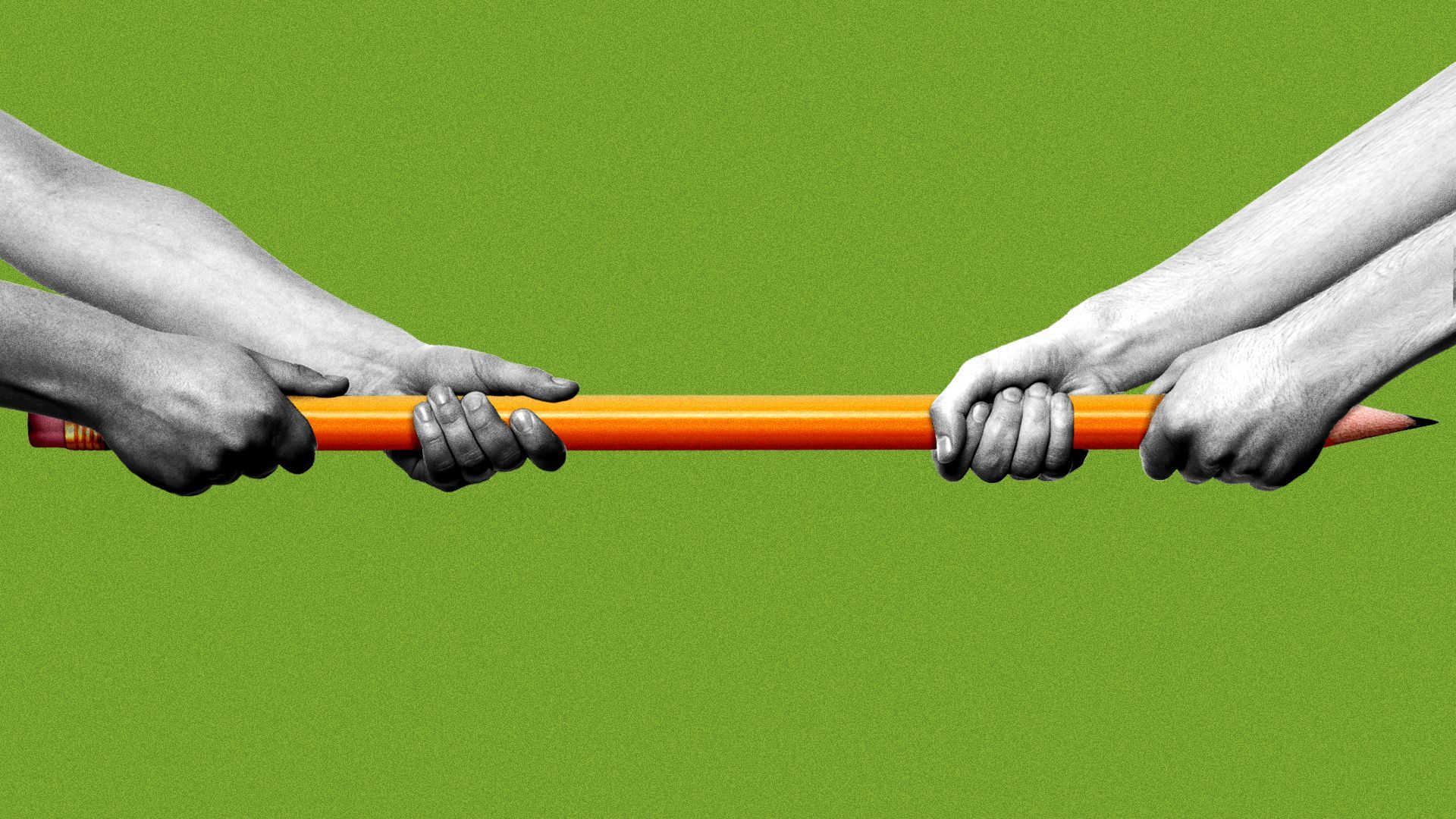 Illustration of people playing tug of war with a pencil.