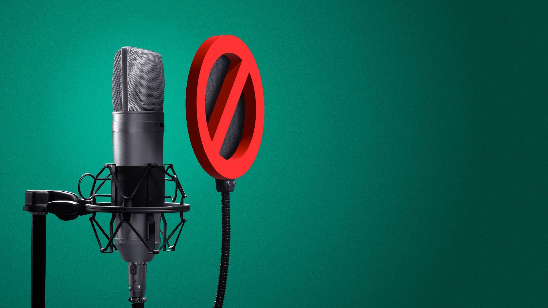 Illustration of a studio recording microphone and shield with a no symbol over the shield. 