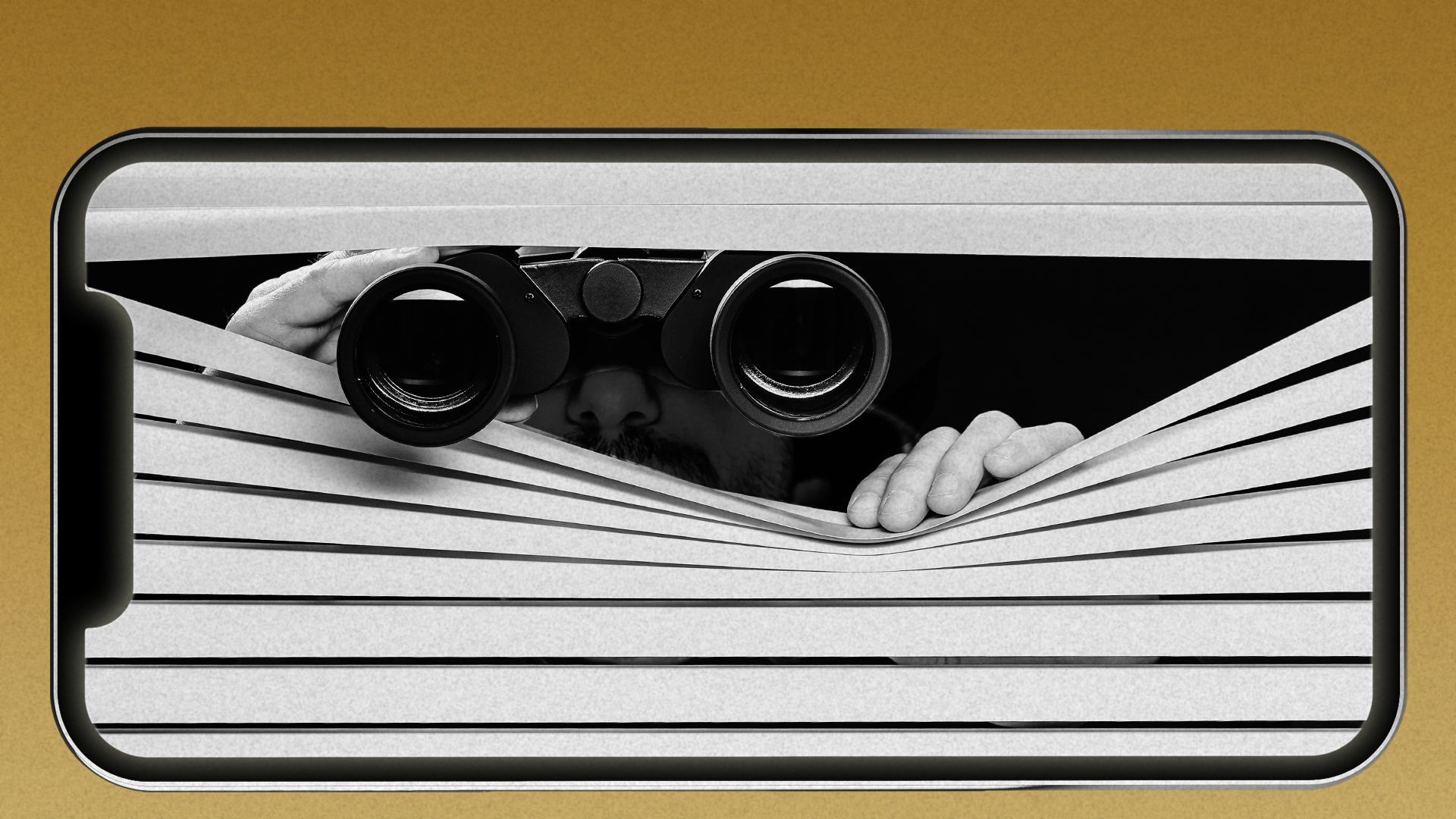 Illustration of a phone screen displaying a person peeking through blinds with binoculars.