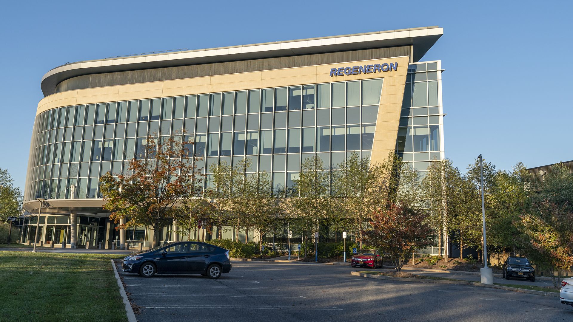View of Corporate and Research and Development Headquarters of Regeneron Pharmaceuticals, Inc. on Old Saw Mill River Road. 