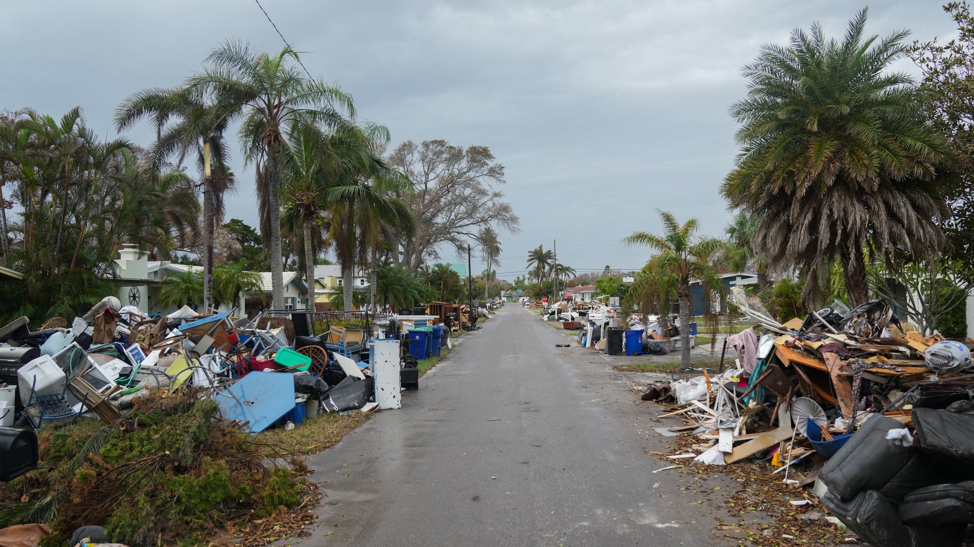 Debris from Hurricane Helene lines a street in the Redington Beach section of St. Pete on Oct. 8, ahead of Hurricane Milton's expected landfall.