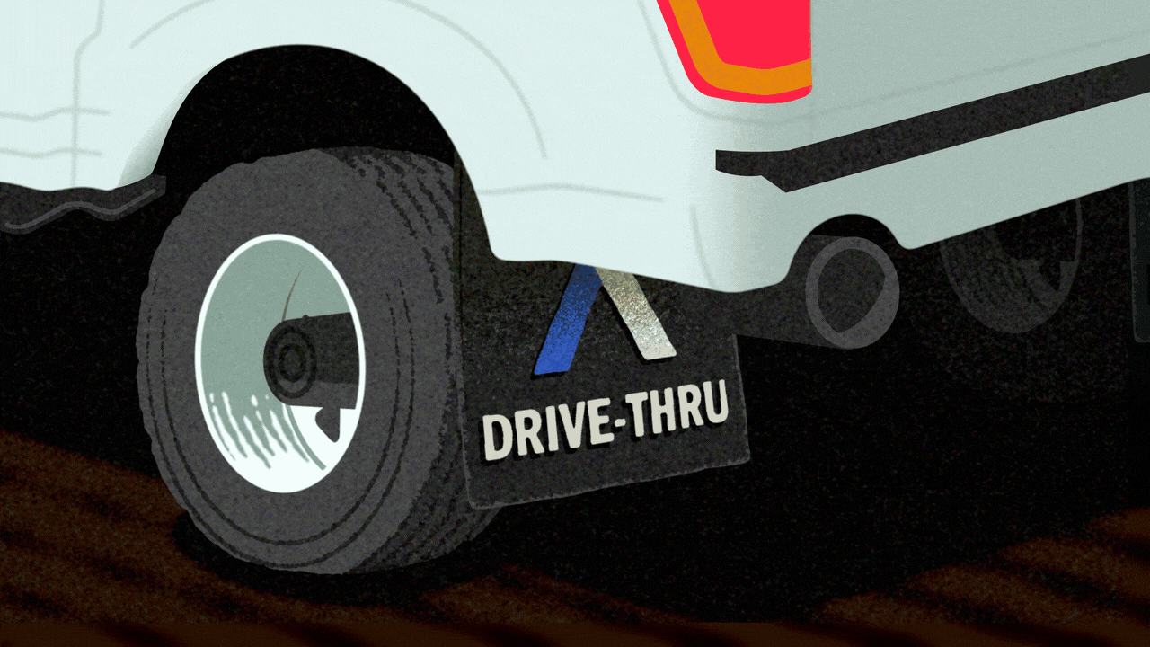Animated illustration of a close up of a driving pickup truck's rear tire, which has a mud flap with the Axios logo and the words "DRIVE-THRU."