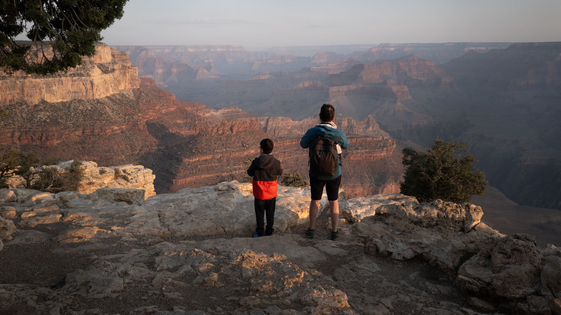 A man and boy looking at the edge of the Grand Canyon.