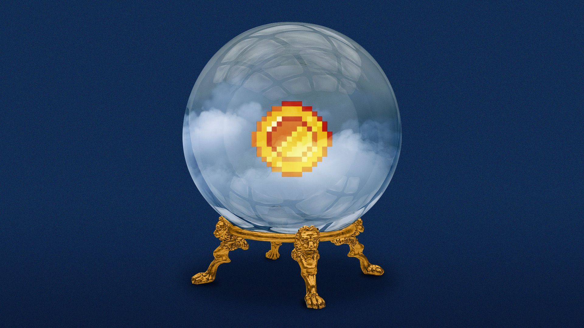 Illustration of a crystal ball with a pixelated coin inside.