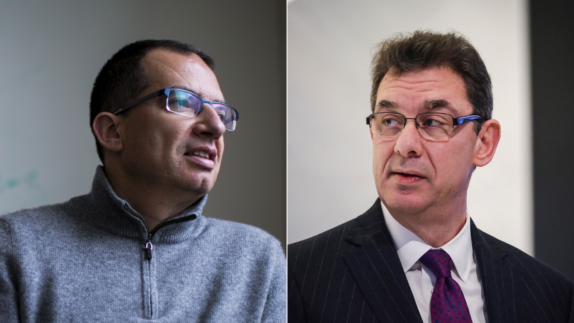 A split screen image of the CEOs of Moderna and Pfizer.