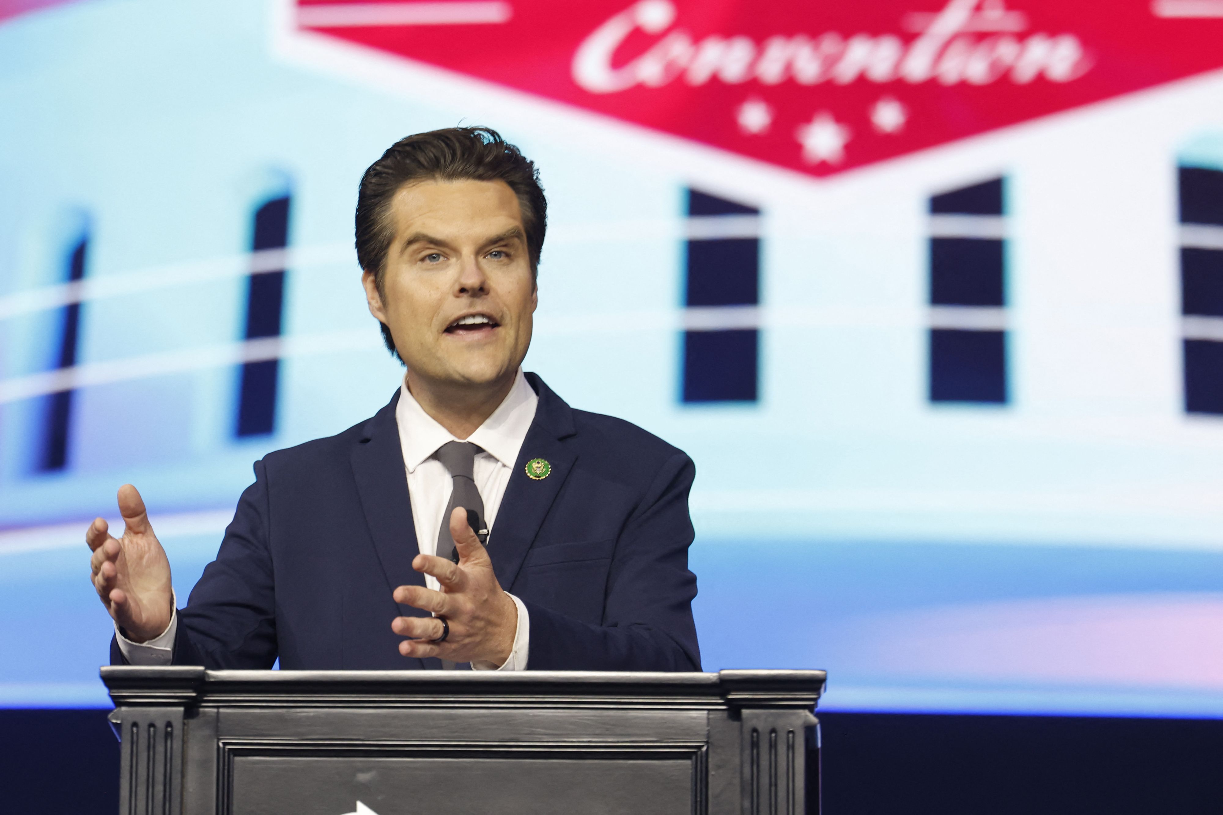 US Representative Matt Gaetz, Republican from Florida, addresses the "Turning Points: The People's Convention" on June 15, 2024 at Huntington Place Convention Center in Detroit, Michigan. (Photo by JEFF KOWALSKY / AFP) (Photo by JEFF KOWALSKY/AFP via Getty Images)