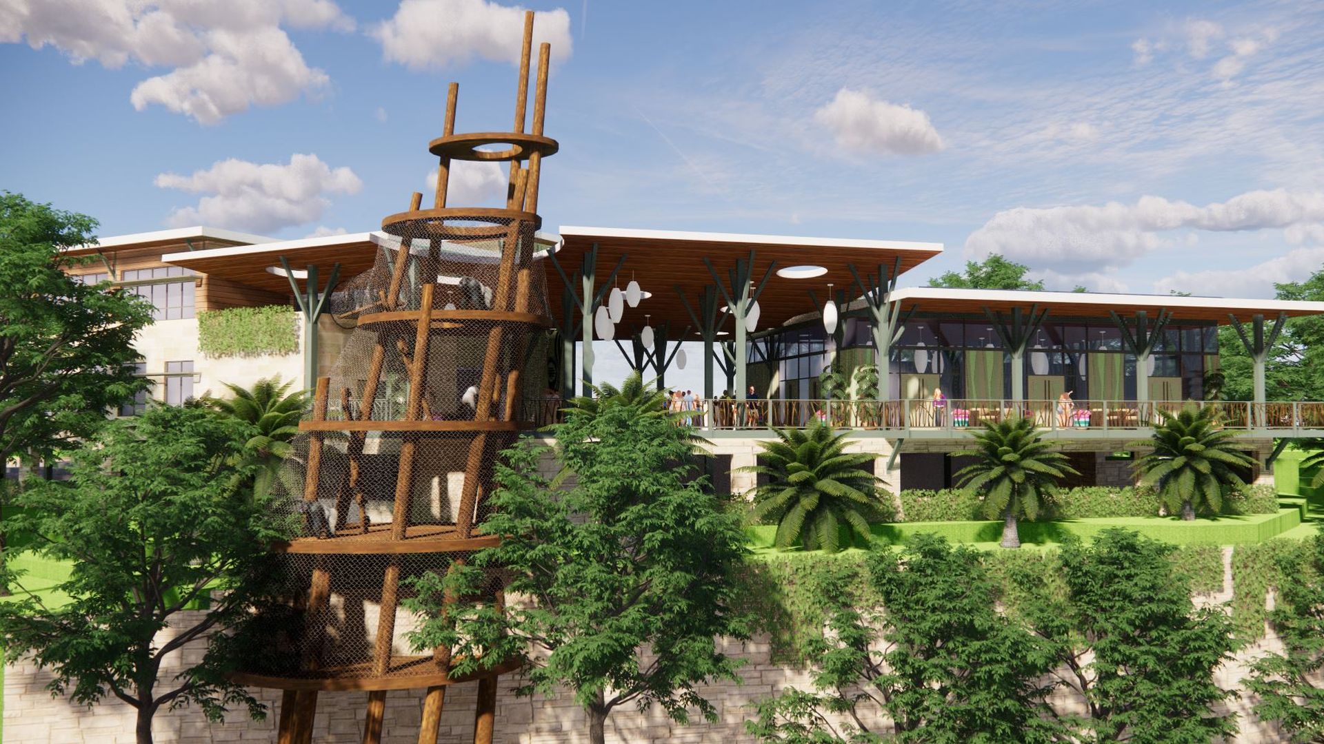 Rendering of the upcoming private event center at the zoo, which features a tower-like habitat for gorillas. 