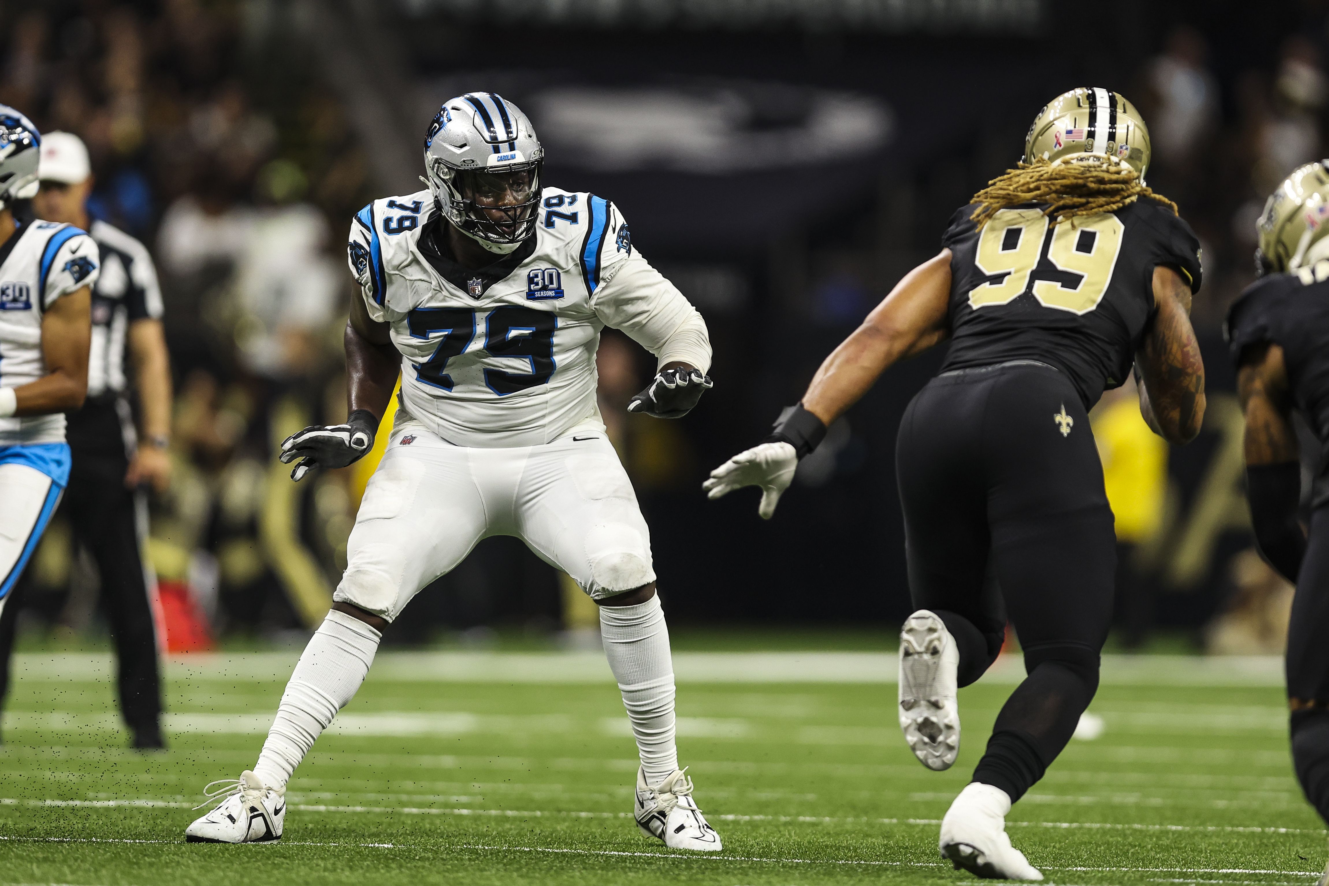 Ikem Ekwonu #79 of the Carolina Panthers drops back to block during an NFL football game against the New Orleans Saints at Caesars Superdome on September 8, 2024 in New Orleans, Louisiana. (Photo by Perry Knotts/Getty Images)