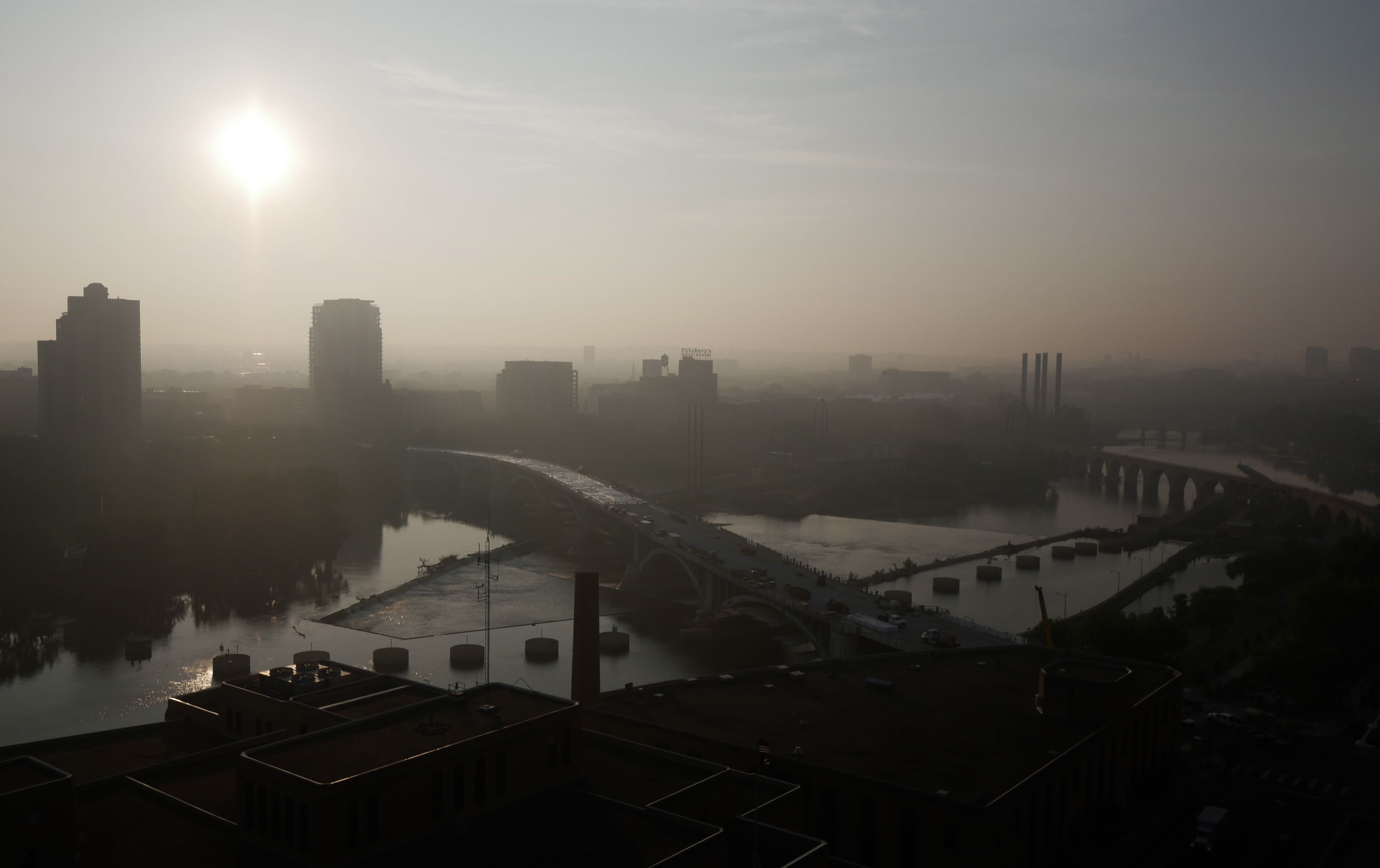 Due to the continued affects of the Canadian wildfires, it was another hazy morning in the Twin Cities on Thursday, June 29, 2023. This is looking down the Mississippi River, from Minneapolis towards St. Paul. Canada wildfire smoke affecting Minnesota air quality.