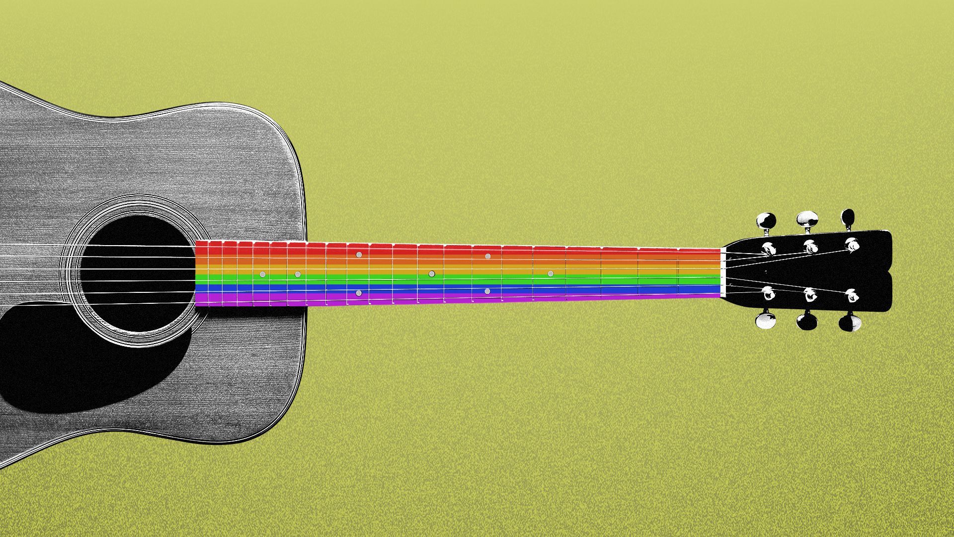 Illustration of an acoustic guitar with a rainbow fretboard.