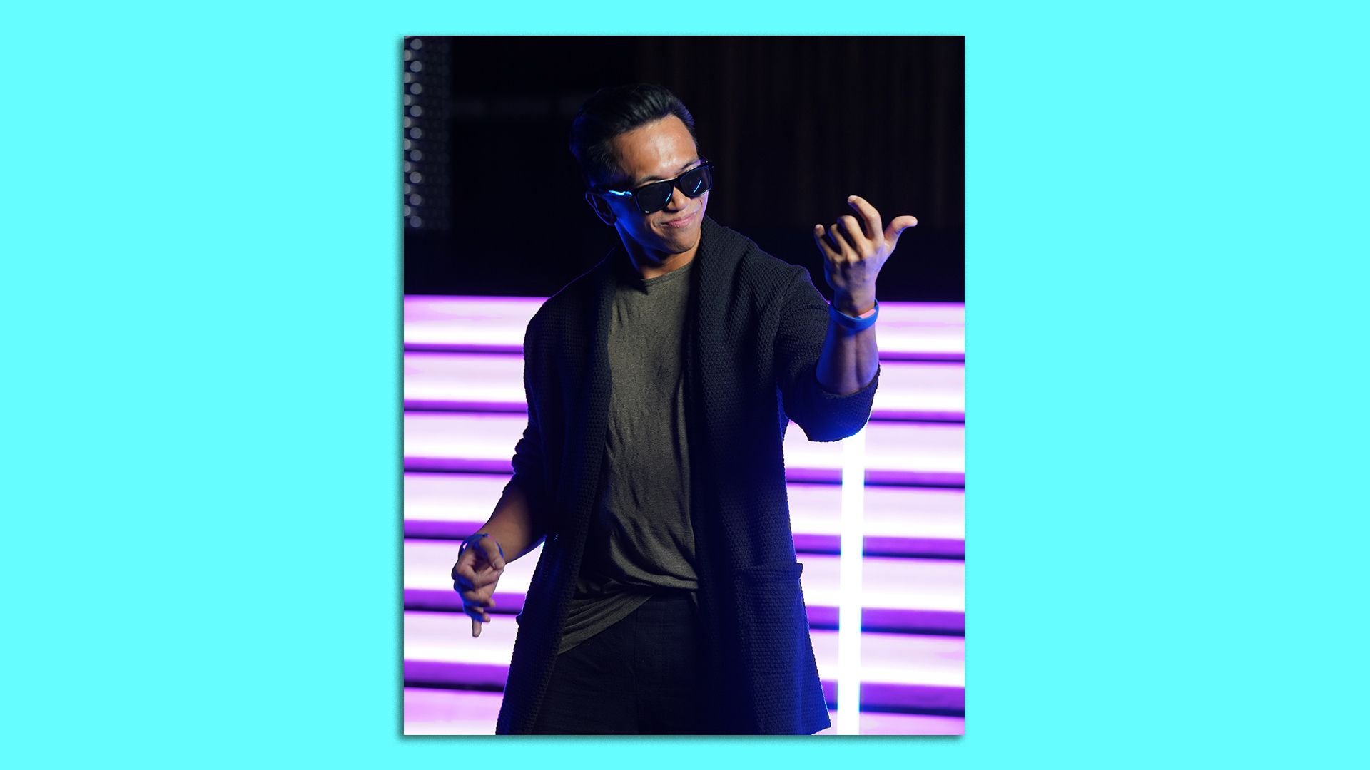 Junior Henry Monsanto, a Swiss dancer and choreographer, using Mictic music wristbands in "Guitar Mode" at a video shoot in Zurich. 