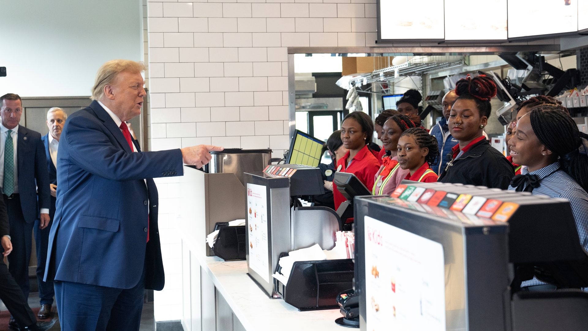 ATLANTA, GEORGIA - APRIL 10: Former U.S. President Donald Trump meets employees during a visit to a Chick-fil-A restaurant on April 10, 2024 in Atlanta, Georgia. Trump is visiting Atlanta for a campaign fundraising event he is hosting. (Photo by Megan Varner/Getty Images)
